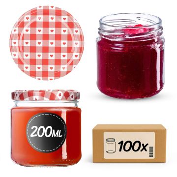 Słoiki na przetwory Lerma 200ml 100szt 66mm + wieczka "Czerwona krata z sercami"