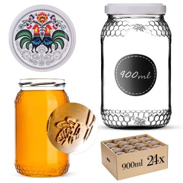 Szklany słój Lierde 900ml 82mm 24 szt. + wieczka "Folklor z kogutem"