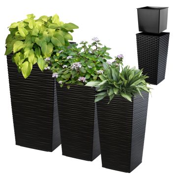 Donice na kwiaty z wkładem Tuluza dłuto 19 cm + 25 cm + 30 cm, czarne