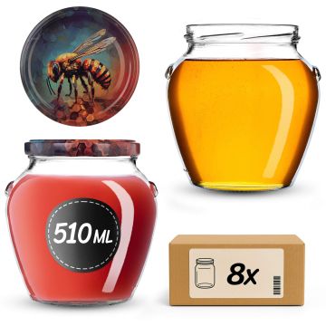 Słoiki na przetwory Sassa 580ml 8szt 82mm + wieczka "Niebieska pszczoła"