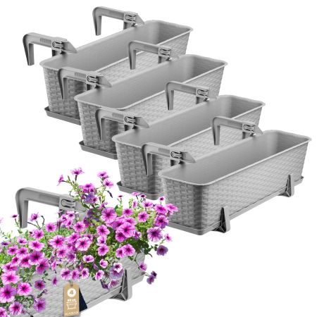 Donica balkonowa rattan z uchwytami jasny szary 60 cm, 4 szt.
