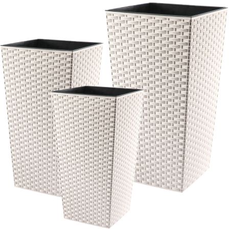 Donice na kwiaty z wkładem Pesaro rattan 25 cm + 30 cm + 35 cm, kremowe
