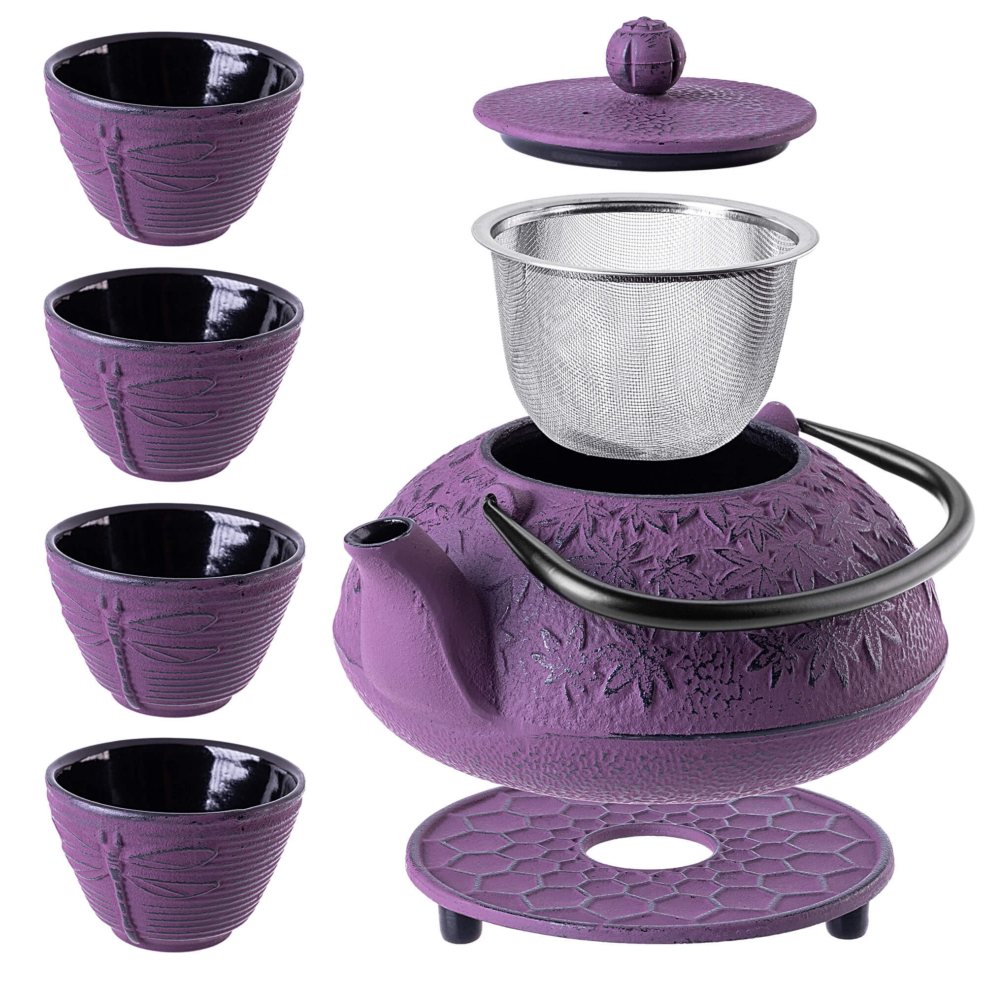 Czajnik żeliwny z czarkami i zaparzaczem Genua fioletowy