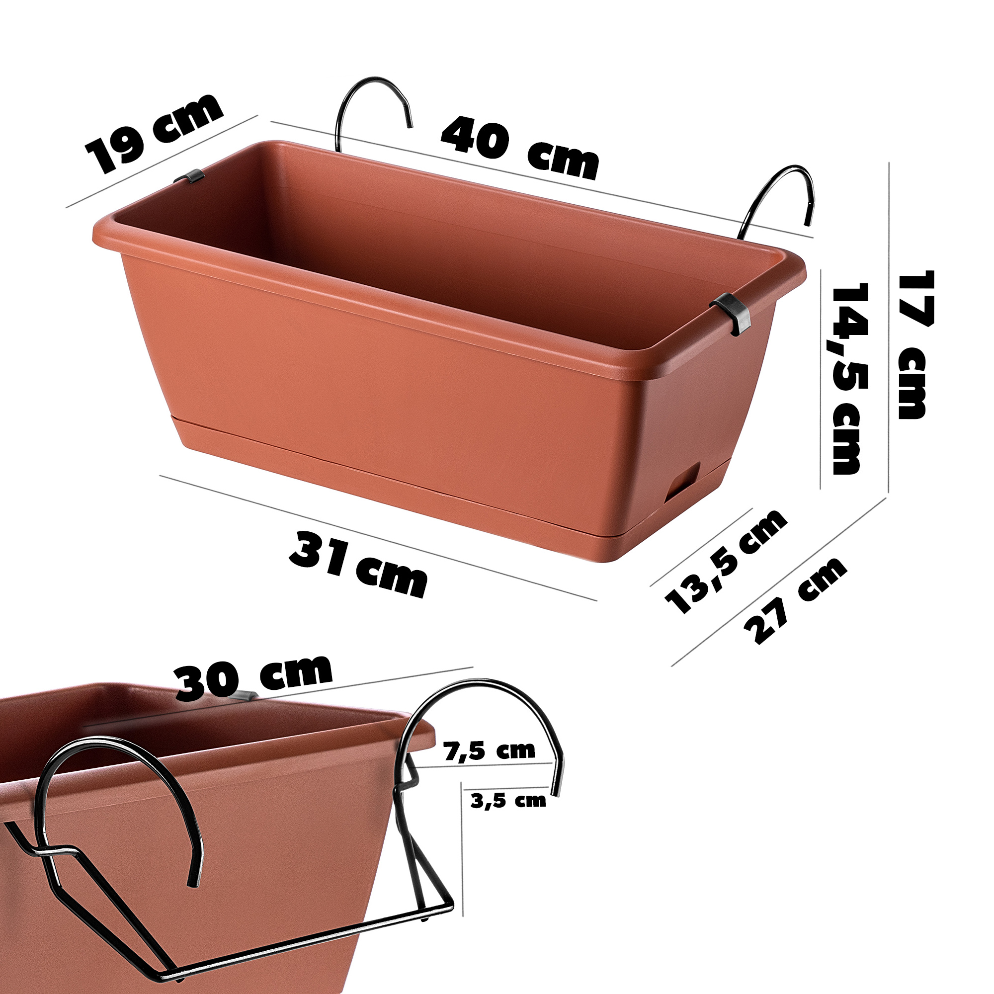 Skrzynka balkonowa Perama 40 cm z uchwytami, terakota