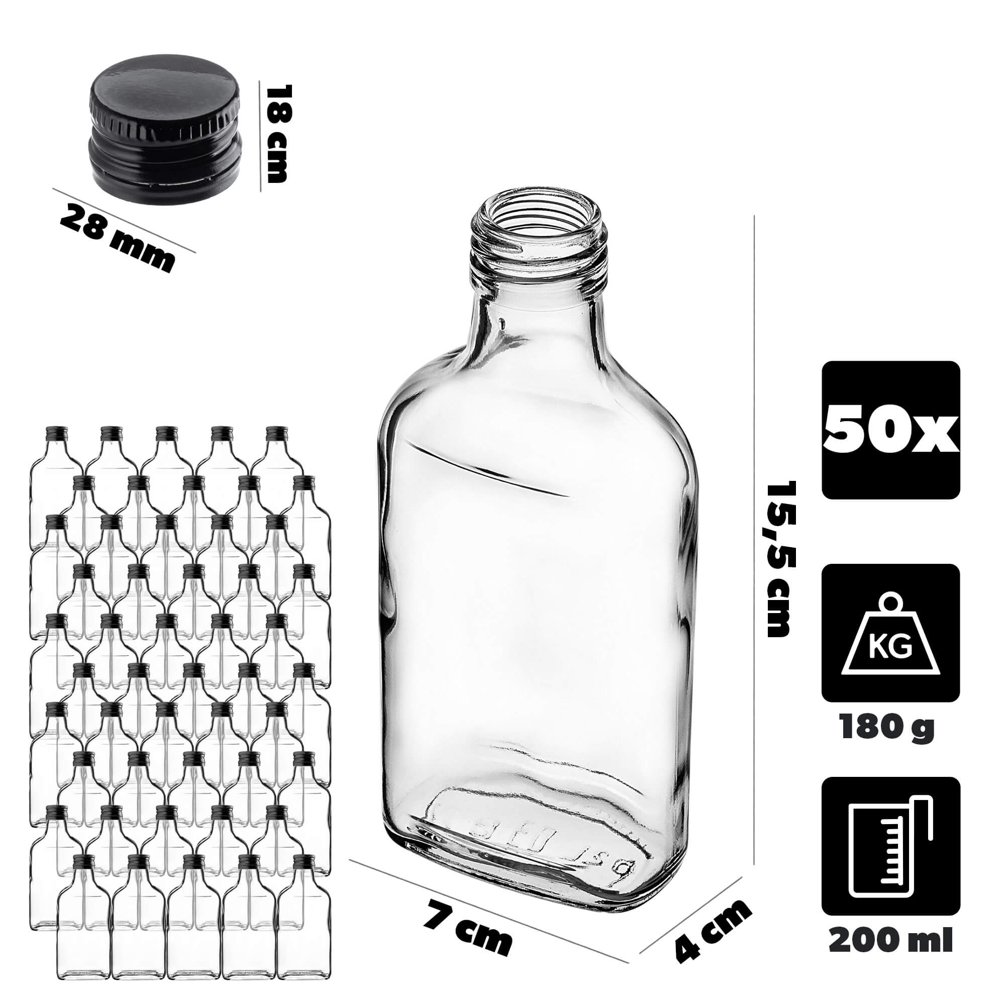 Butelka piersiówka Viane 200ml z czarną zakrętką 50 szt.