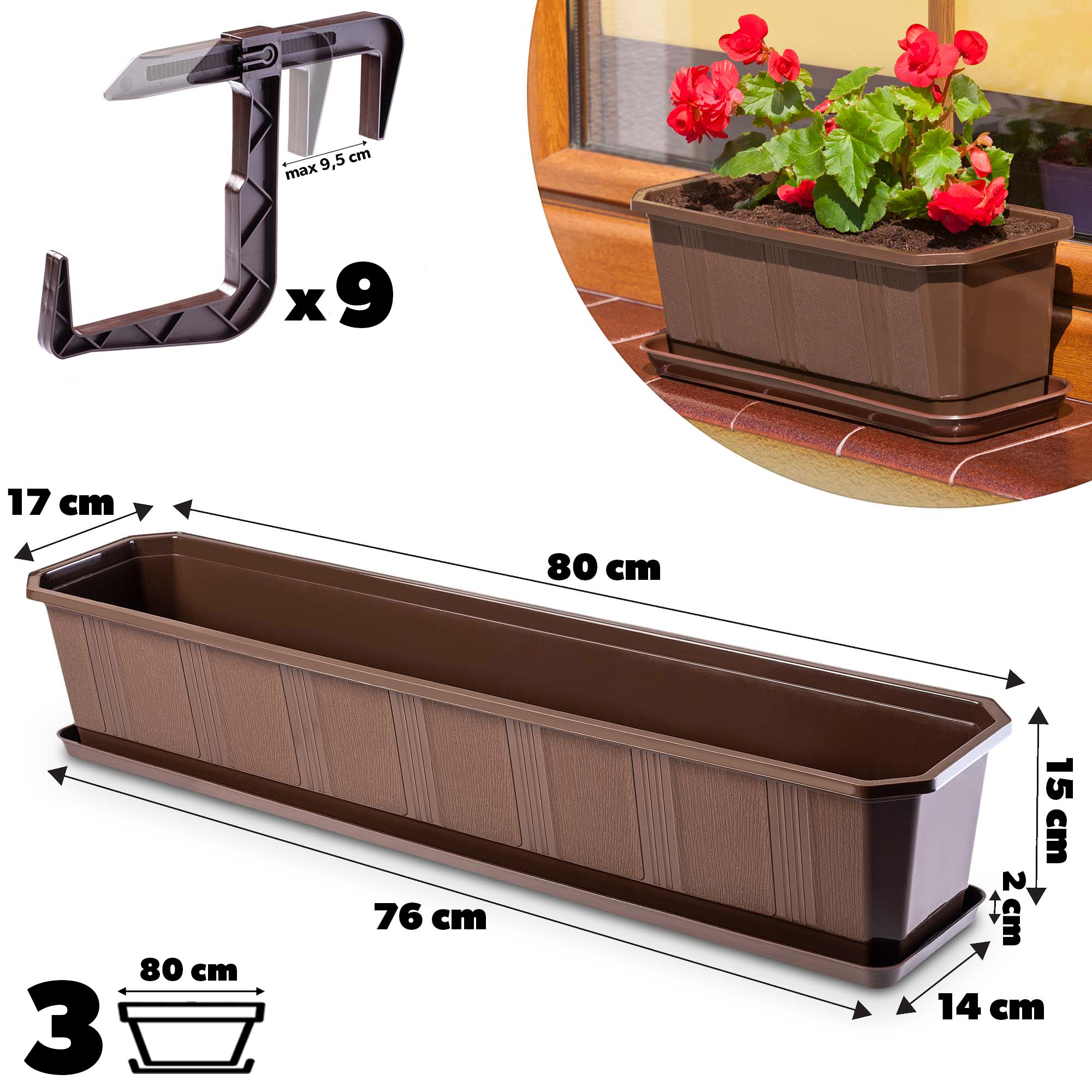 Doniczka balkonowa z uchwytami brązowa Oste 80 cm, 3 szt.