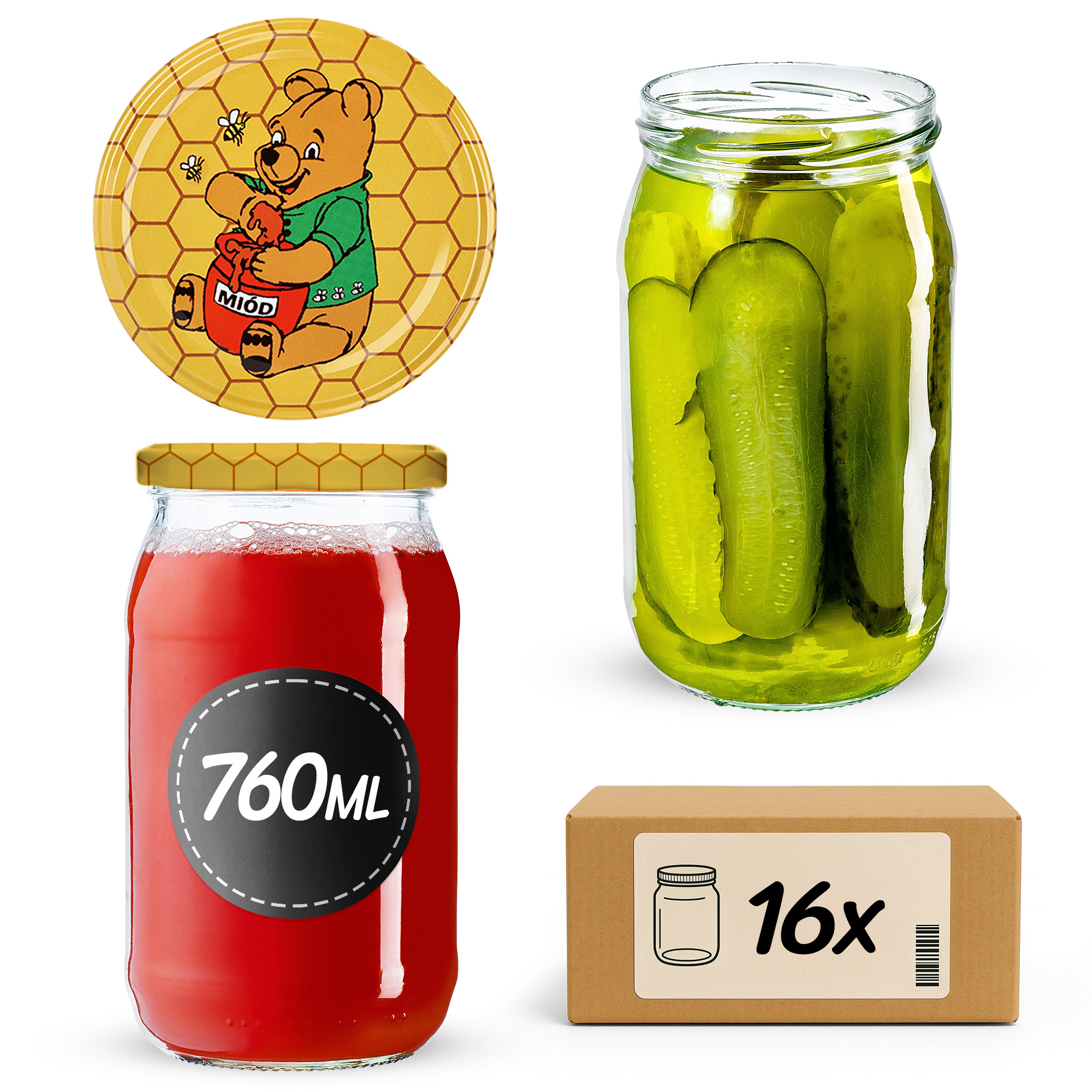 Słoiki na przetwory Niva 760ml 16szt 82mm + wieczka "Miód"