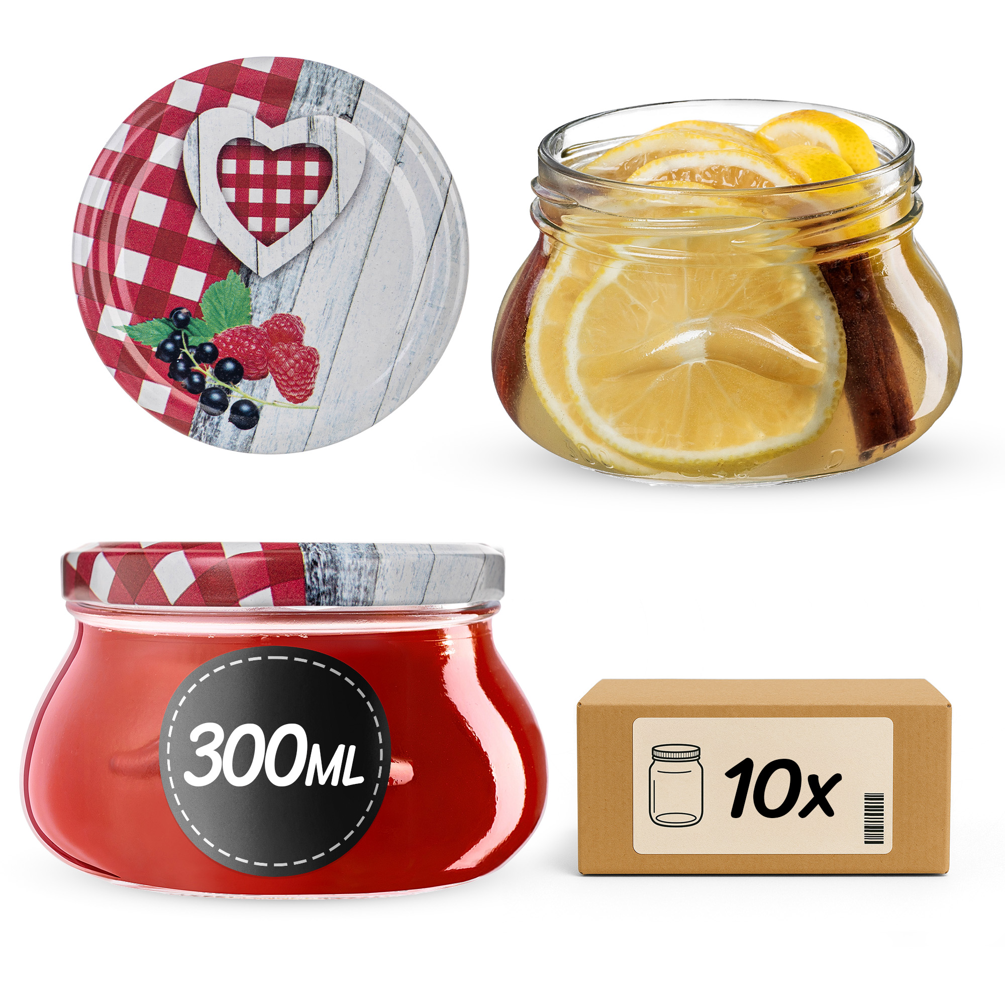 Słoiki na przetwory Raja 300ml fi82mm 10szt + wieczko Krata z serduszkiem