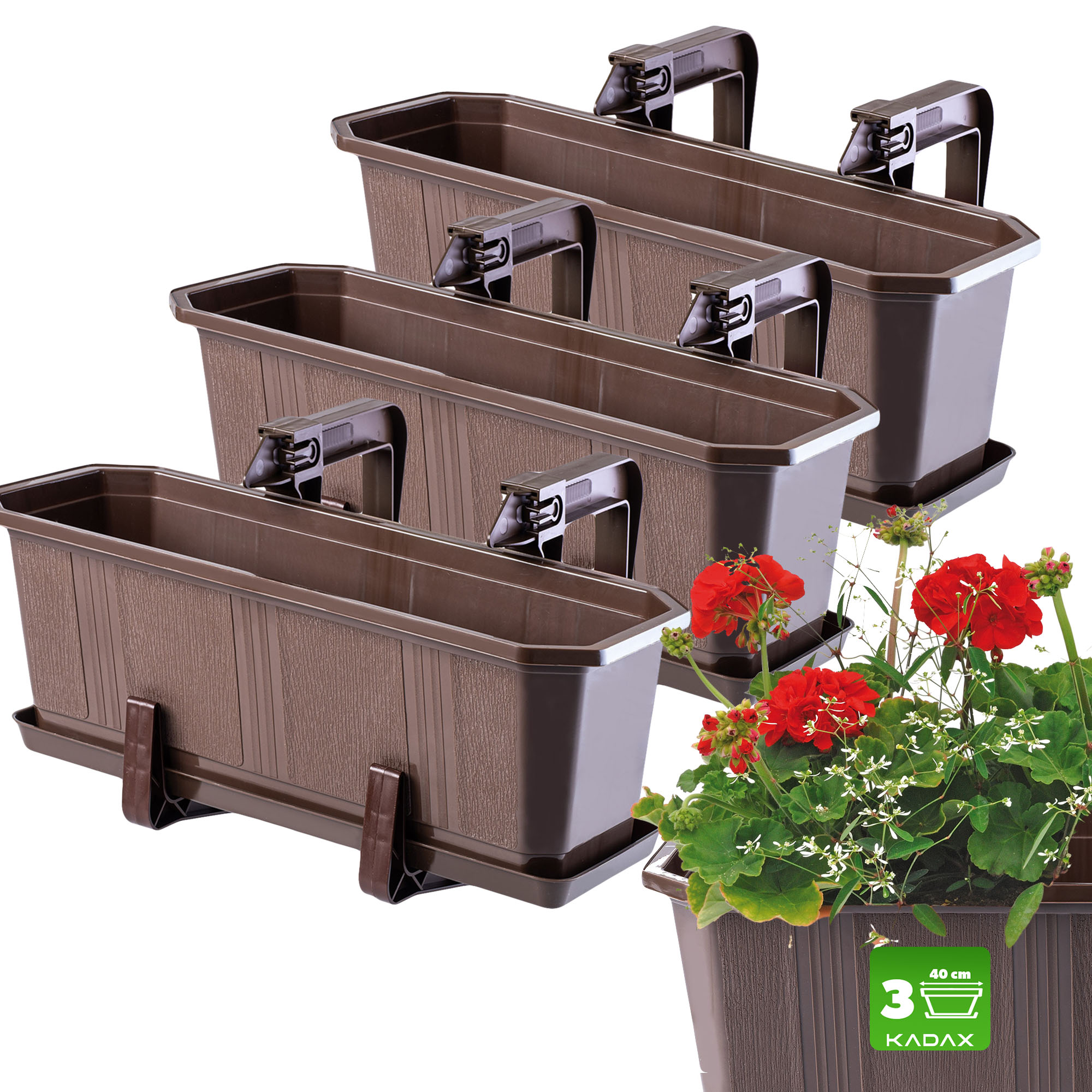 Doniczka balkonowa z uchwytami brązowa Oste 40 cm, 3 szt.