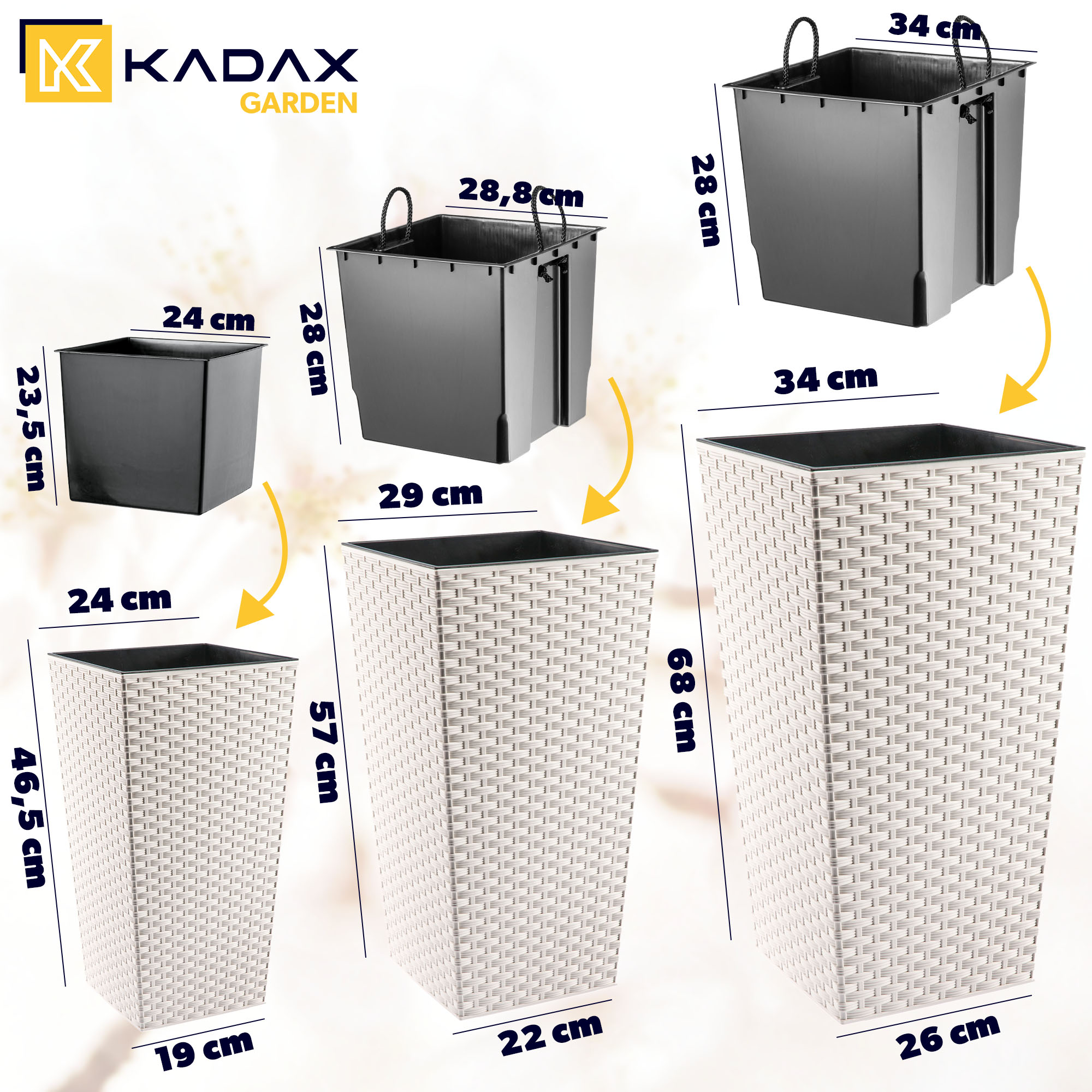 Donice na kwiaty z wkładem Pesaro rattan 25 cm + 30 cm + 35 cm, kremowe