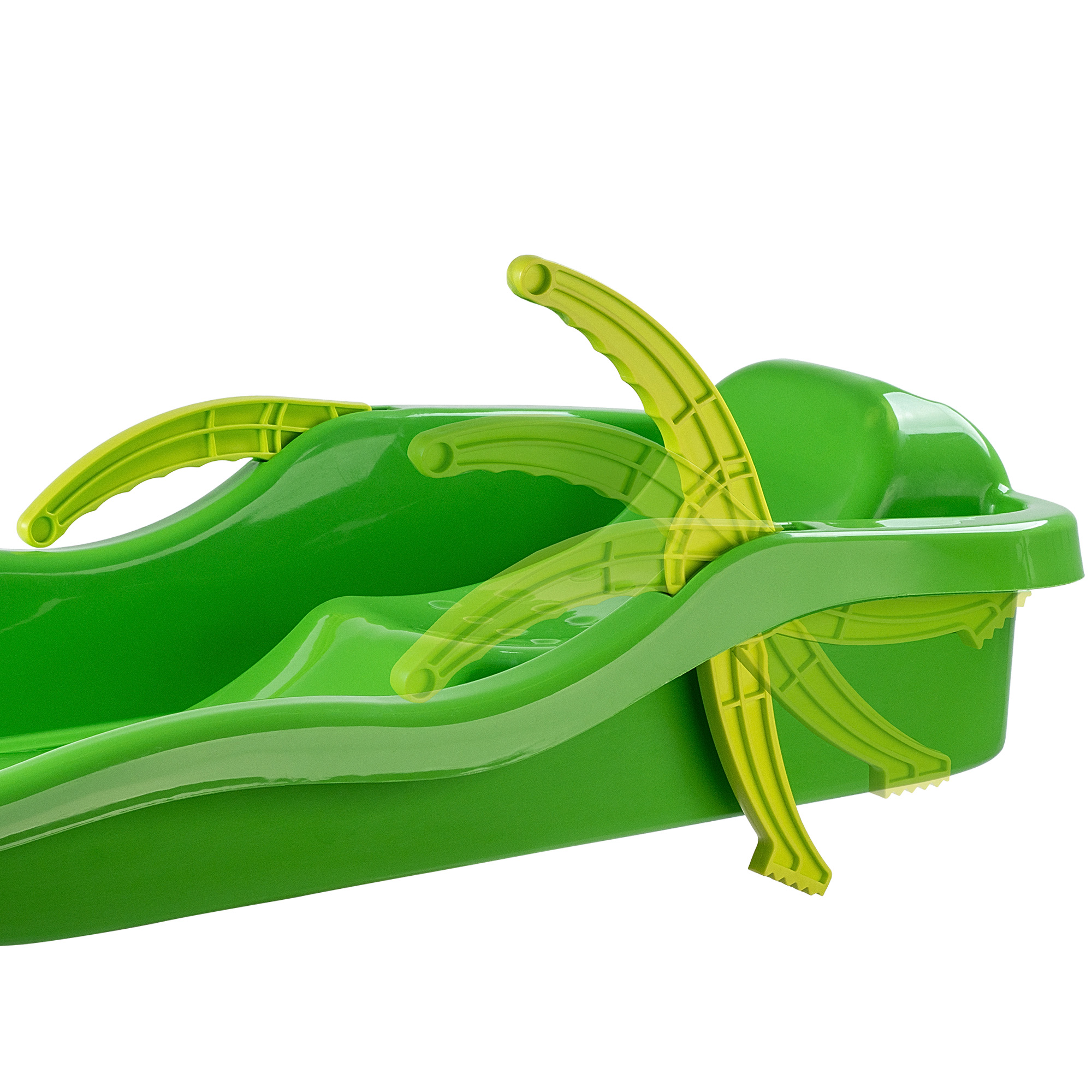 Sanki plastikowe z rączkami, hamulcem i linką, zielone
