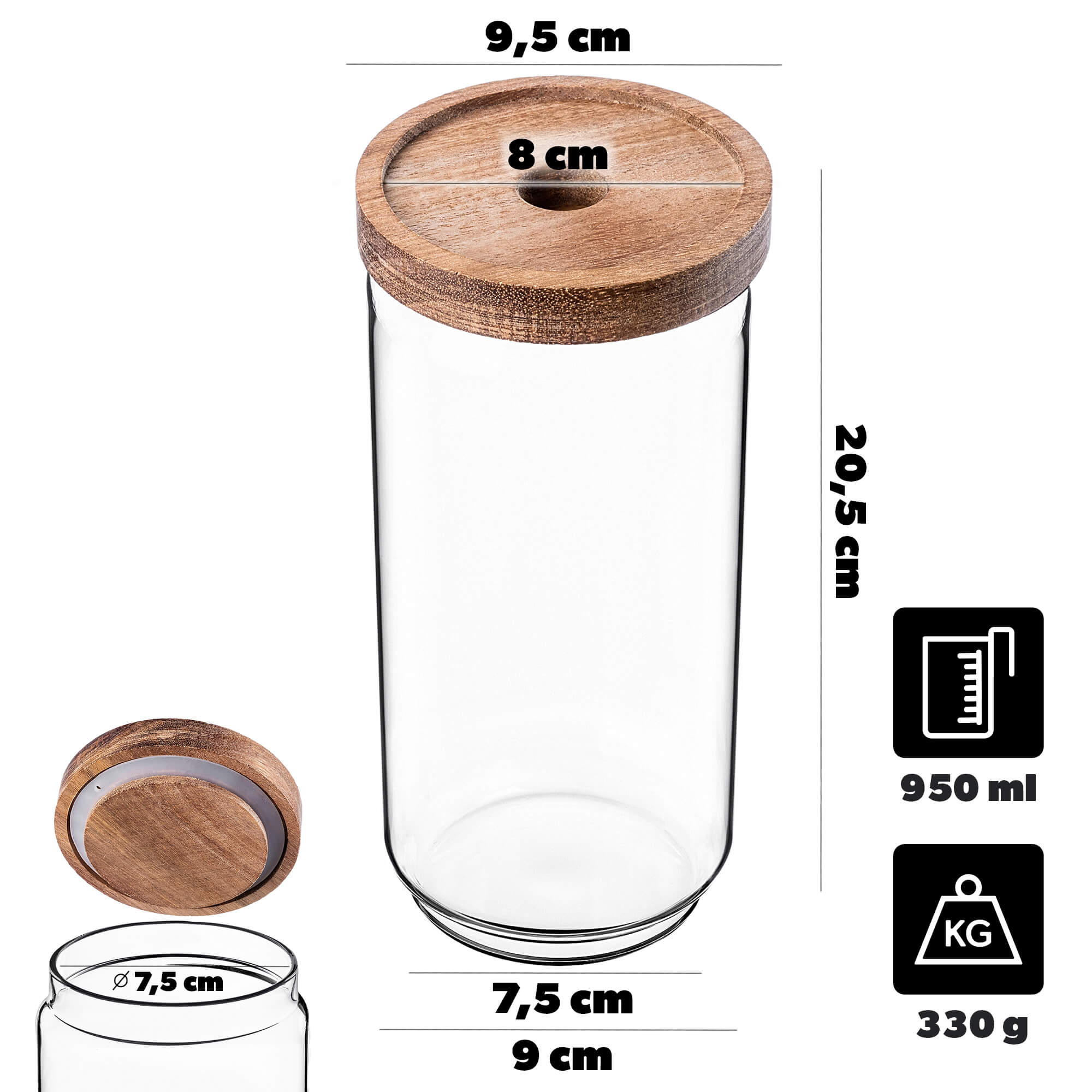 Pojemnik szklany na żywność Rucce z drewnianą pokrywką 950ml 3 szt.