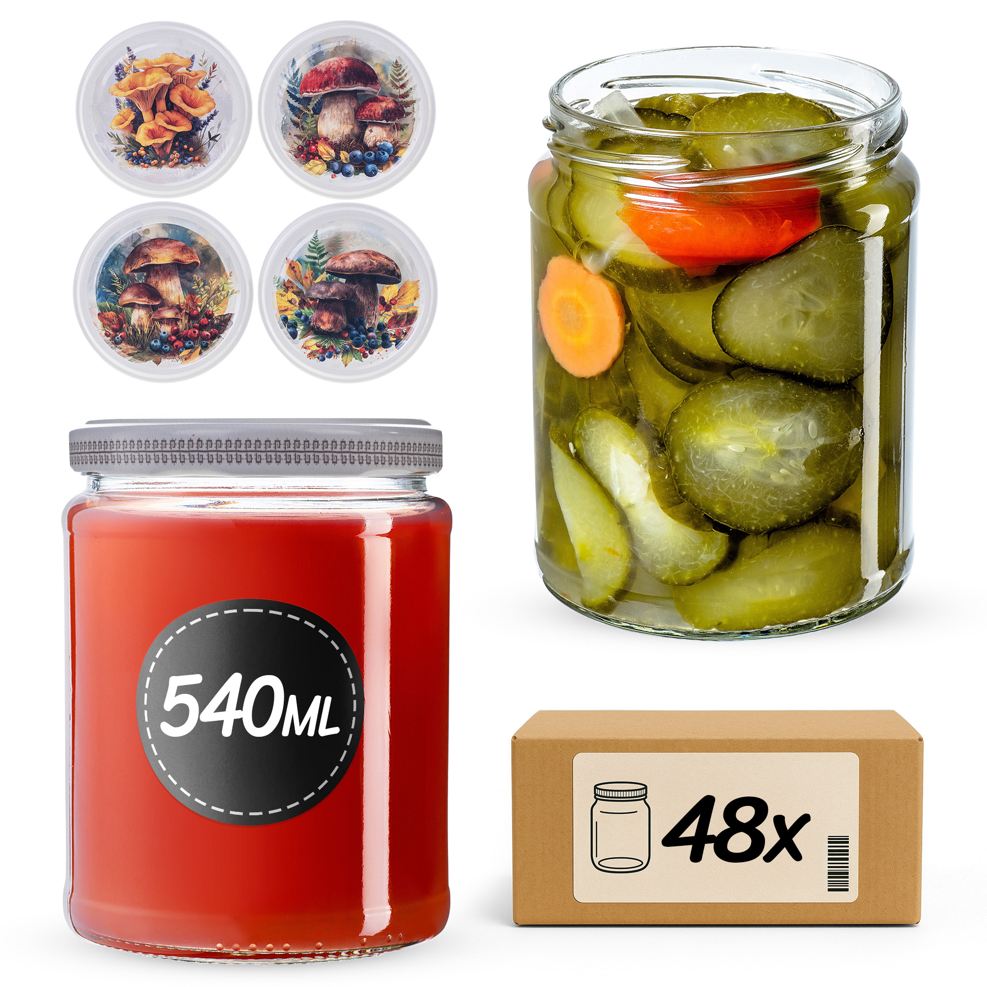 Słoiki na przetwory Maki 540ml fi82mm 48szt + wieczko Grzyb akwarela