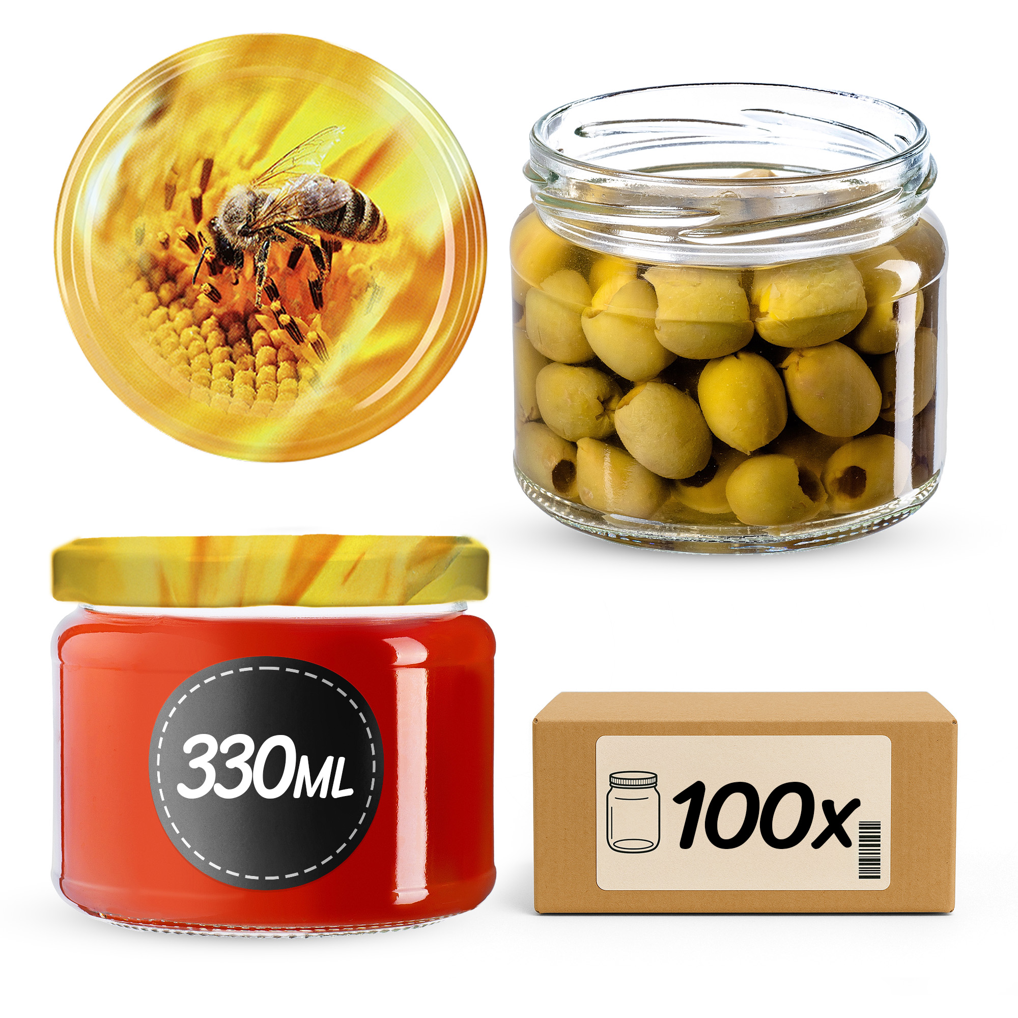 Słoiki na przetwory Sonka 330ml 100szt 82mm + wieczka "Pszczoła"