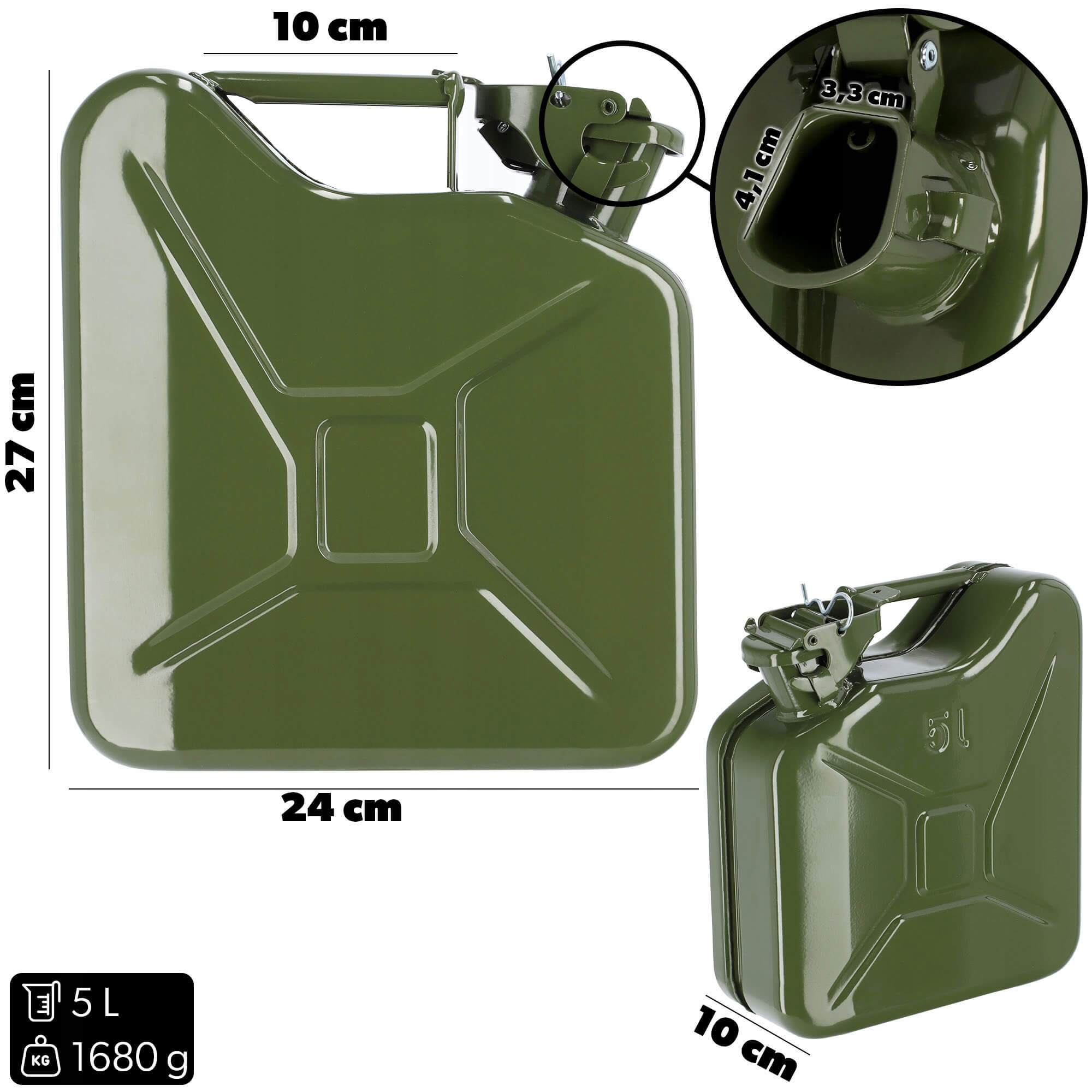 Kanister na paliwo stalowy 5L + lejek 31 cm, zielony