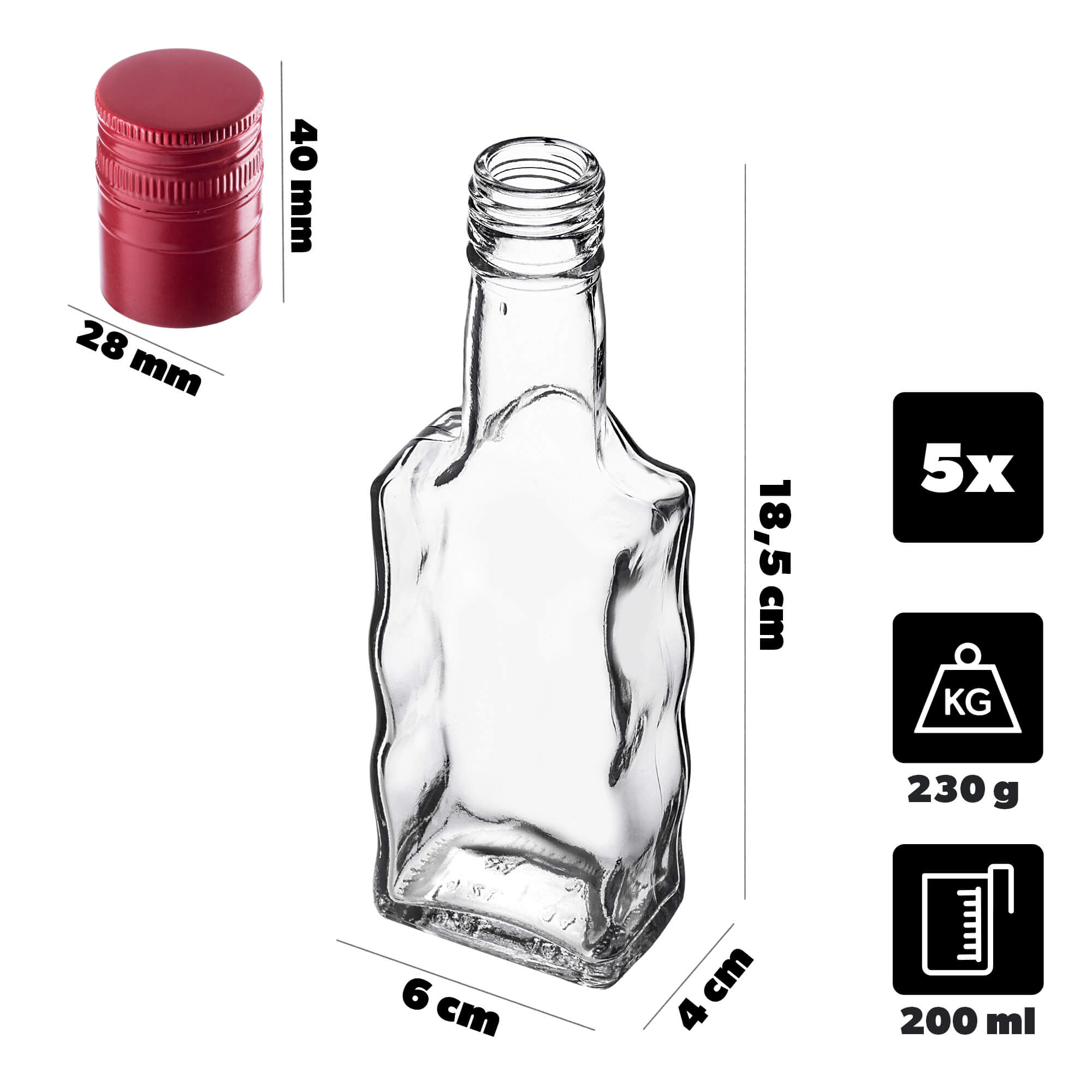 Szklana butelka na nalewkę Fala 200ml z długą czerwoną zakrętką 5 szt.