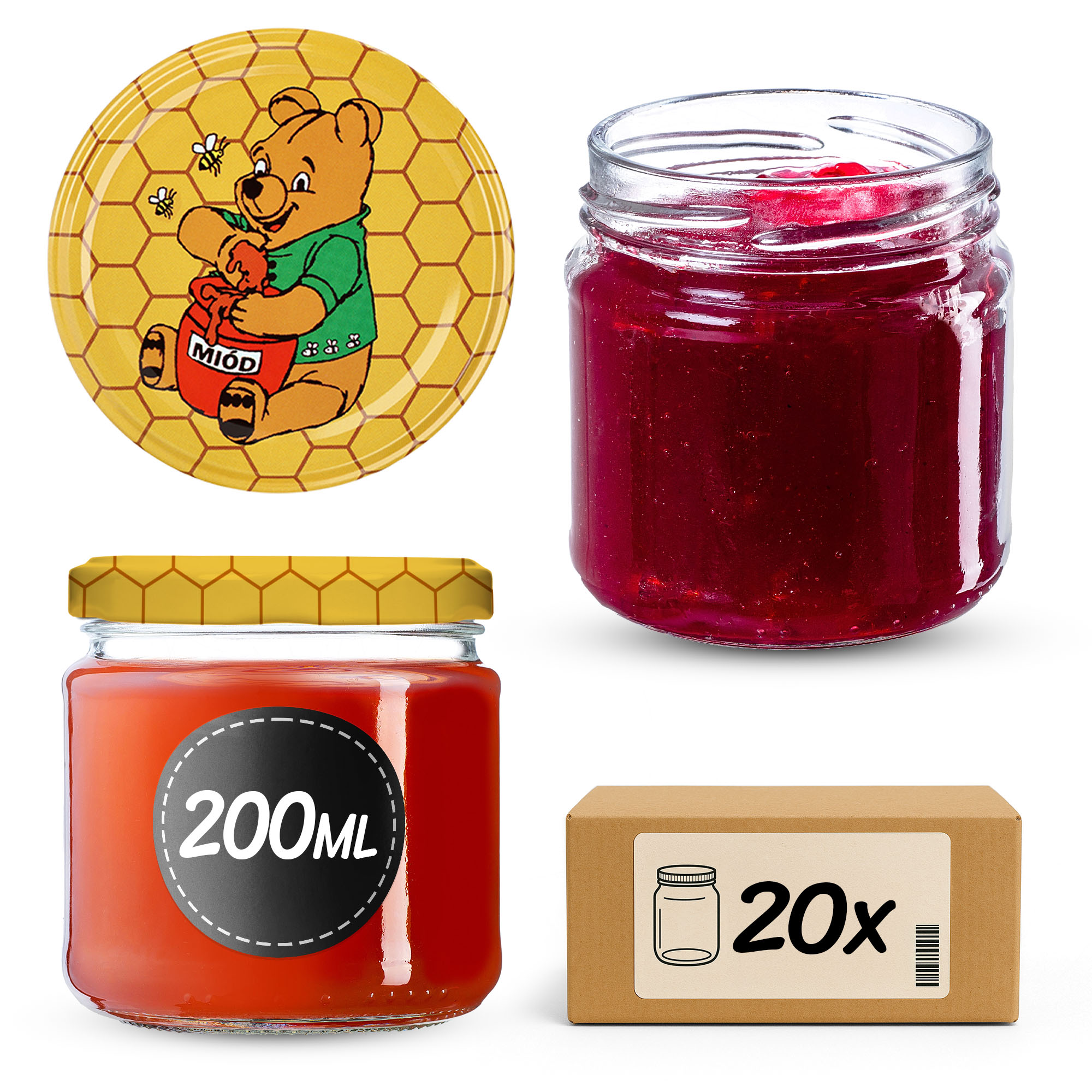 Słoiki słoik na przetwory Lerma 200ml 20szt 66mm + wieczka "Miód"