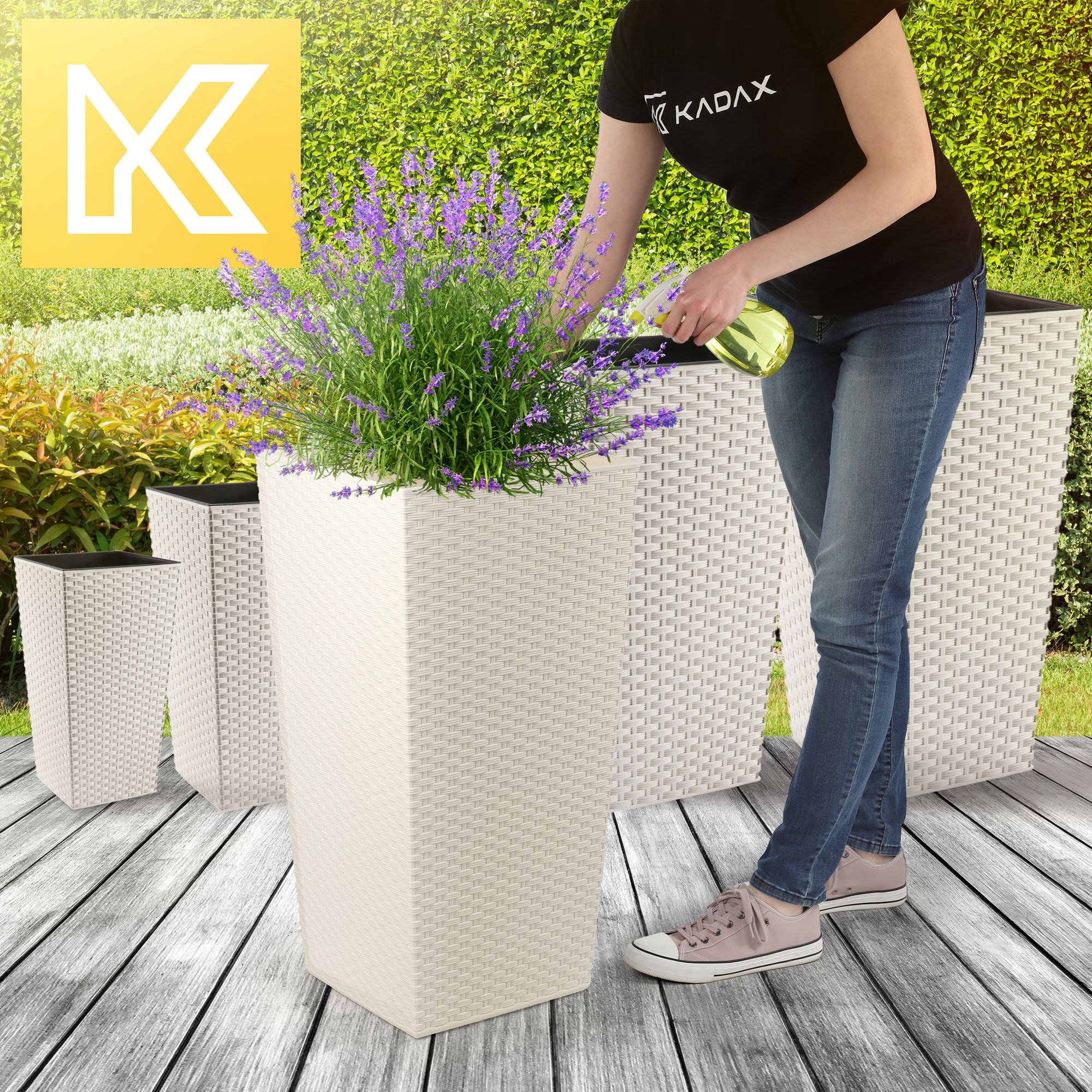 Donice na kwiaty z wkładem Pesaro rattan 25 cm + 30 cm + 35 cm, kremowe