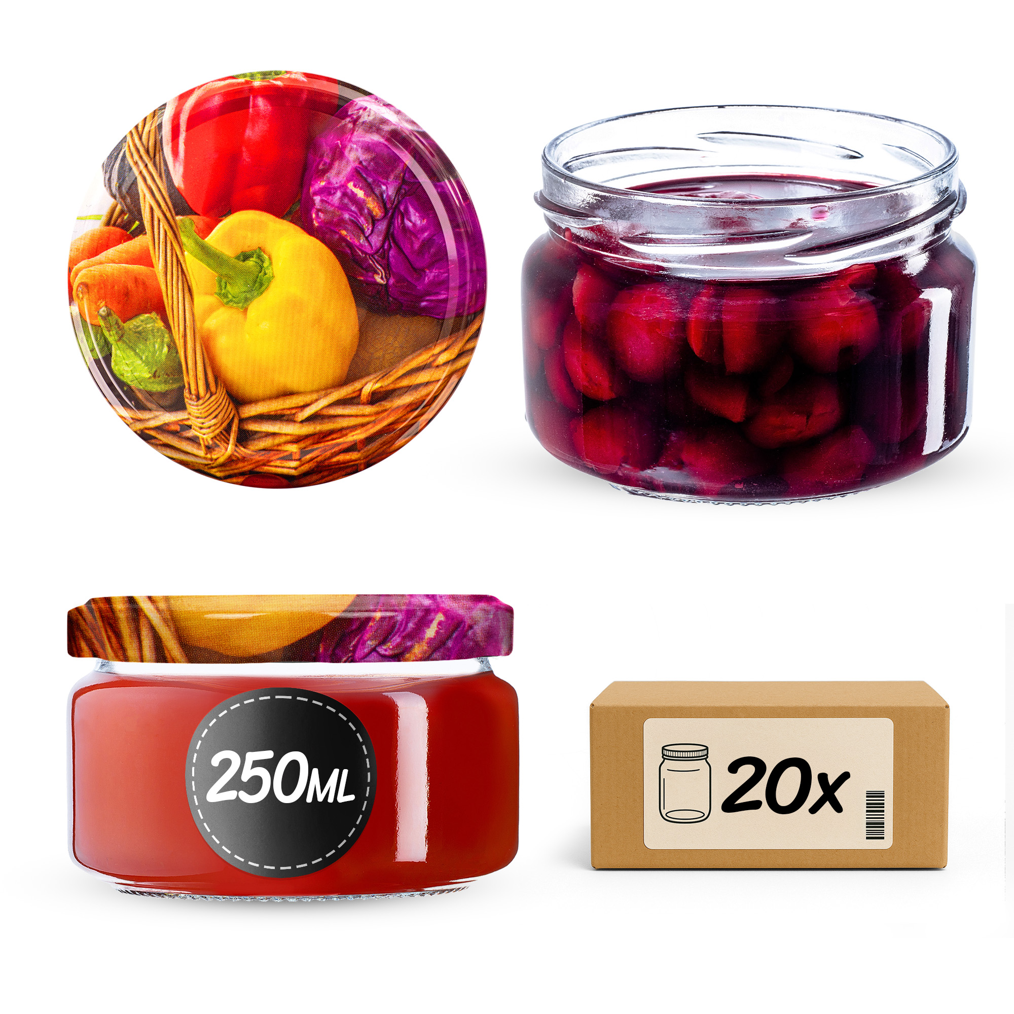 Słoiki na przetwory Denia 250ml 20szt 82mm + wieczko "Warzywa"