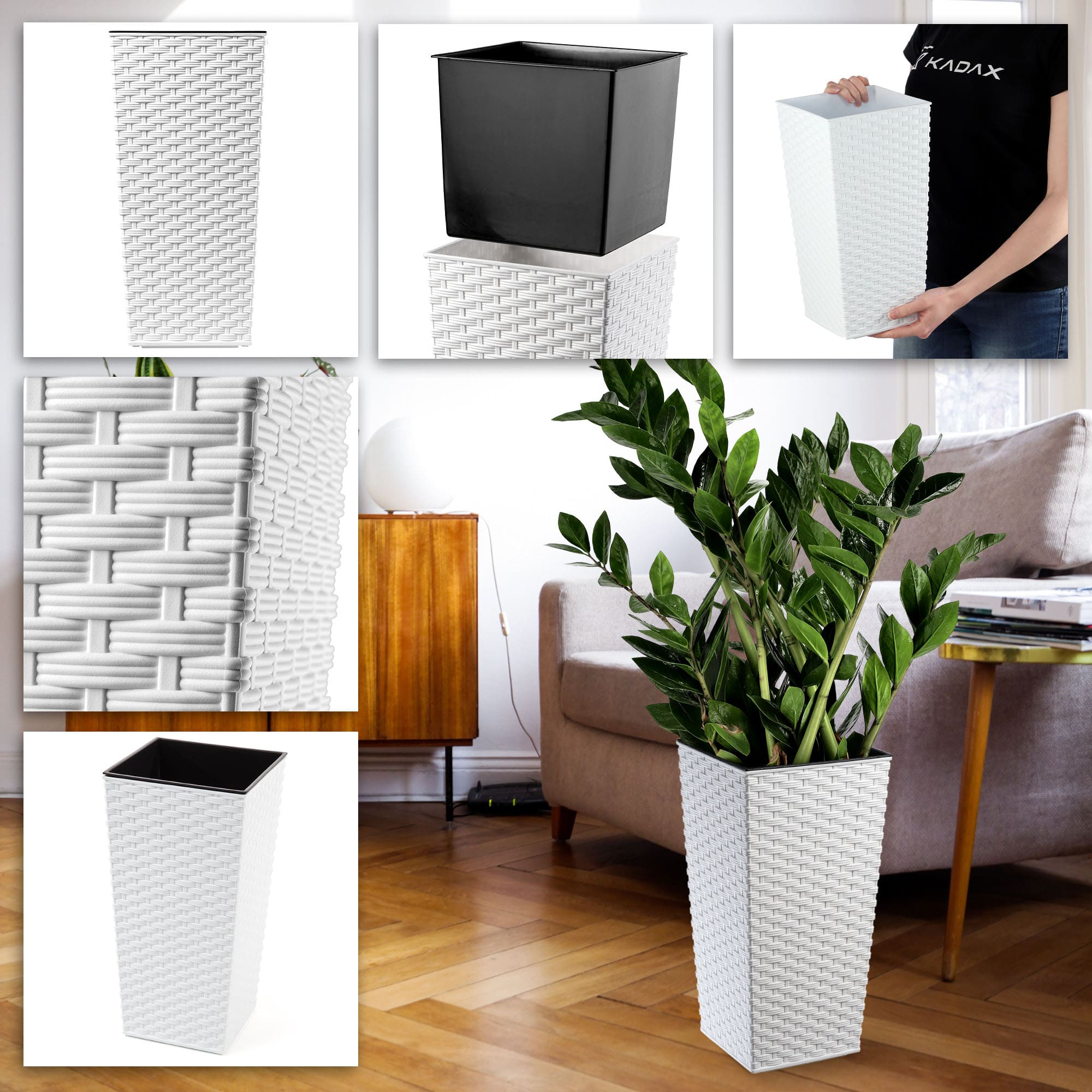 Donica na kwiaty z wkładem rattan Pesaro 19 cm, biała