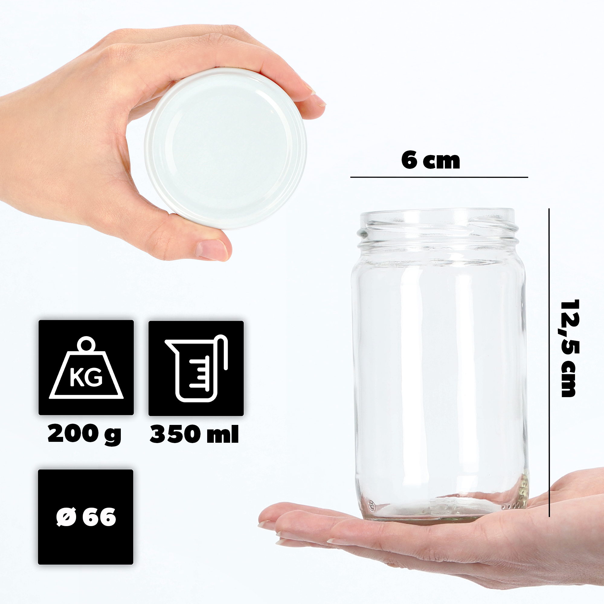 Słoiki na przetwory Gera 350ml 20szt 66mm + białe wieczka