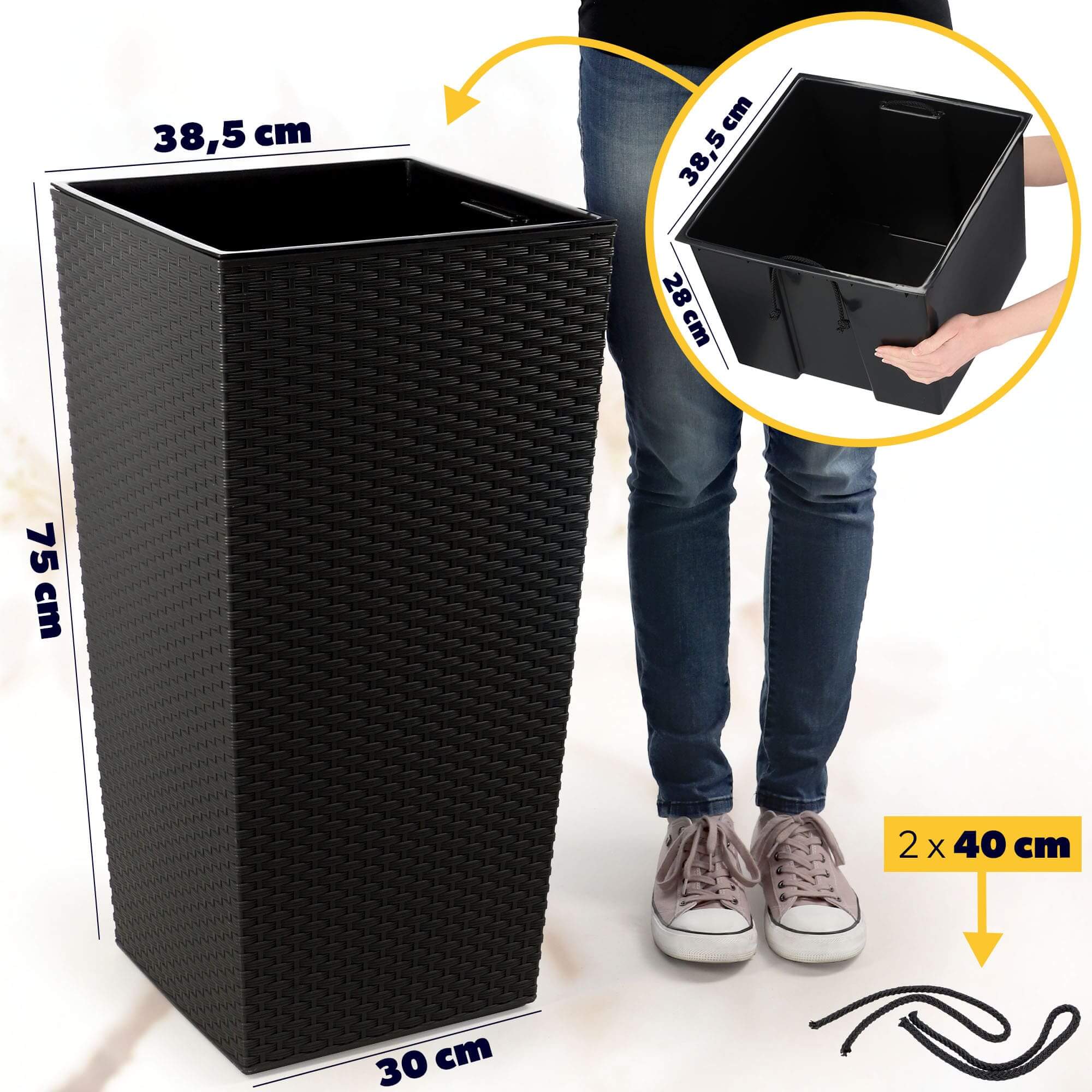 Donica na kwiaty z wkładem Pesaro rattan 40 cm, czarna