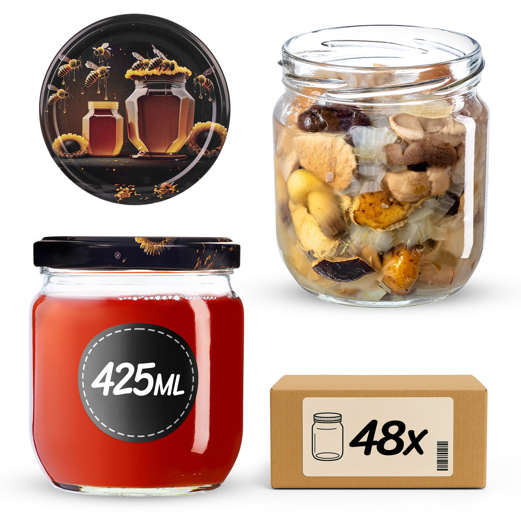 Słoiki na przetwory Salla 425ml fi82mm 48szt + wieczko Miód czarny