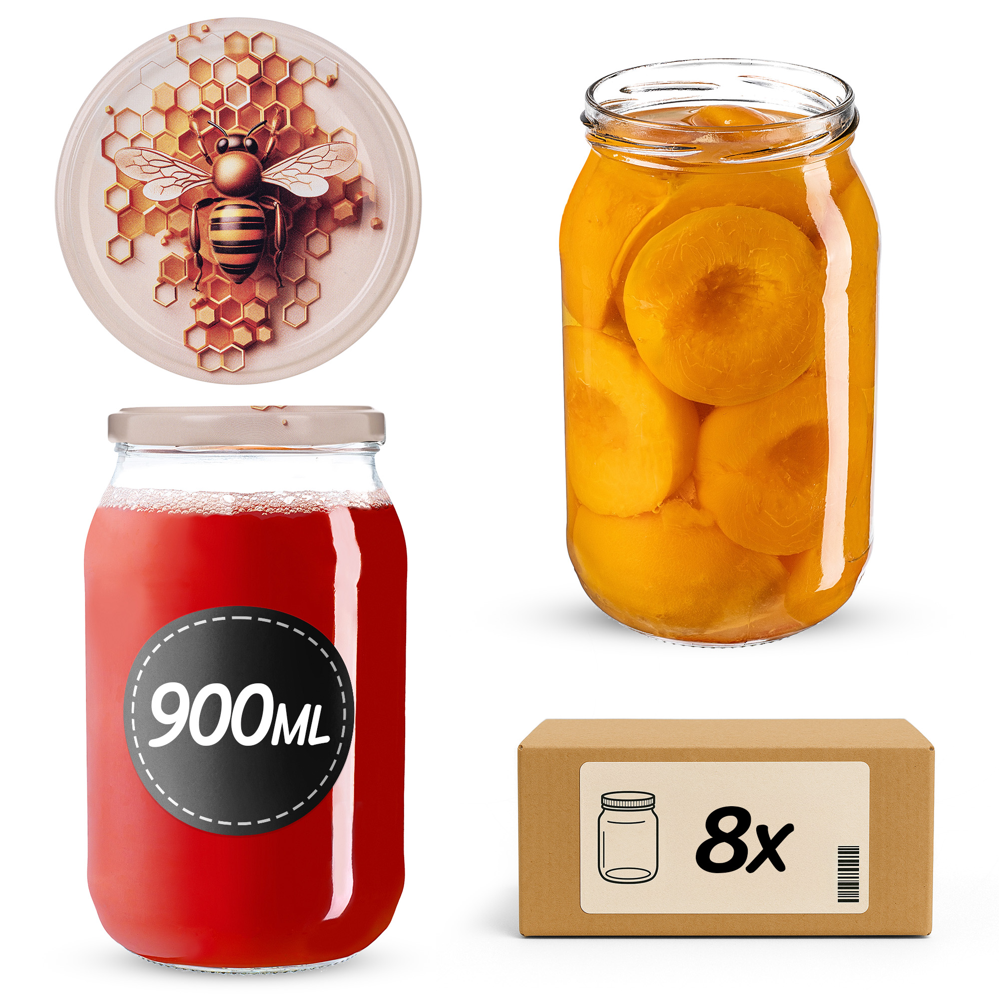 Słoiki na przetwory Simo 900ml fi82mm 8szt + wieczko Pszczoła