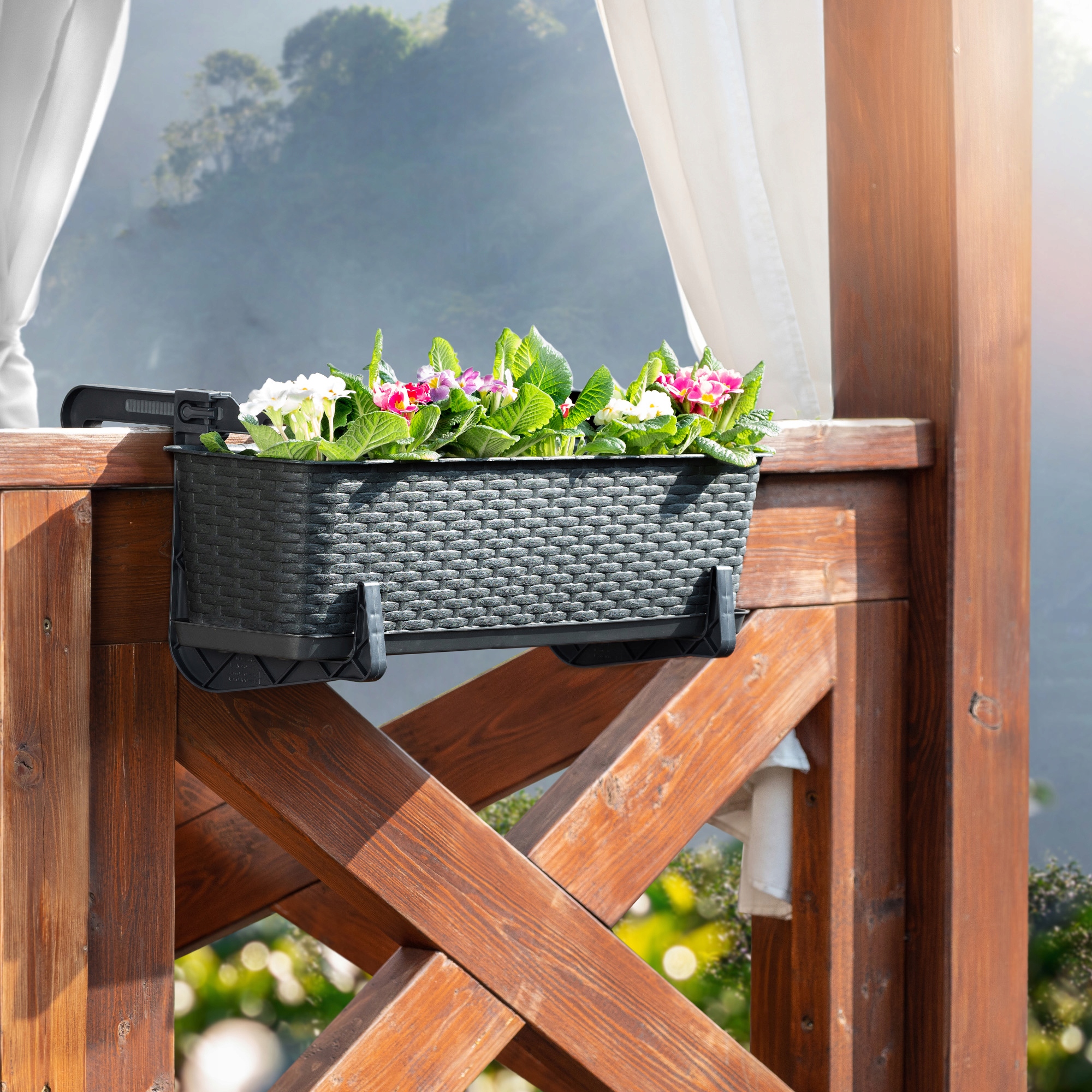 Doniczka balkonowa rattanowa z podstawką Frette 40 + 60 cm + uchwyty, antracyt