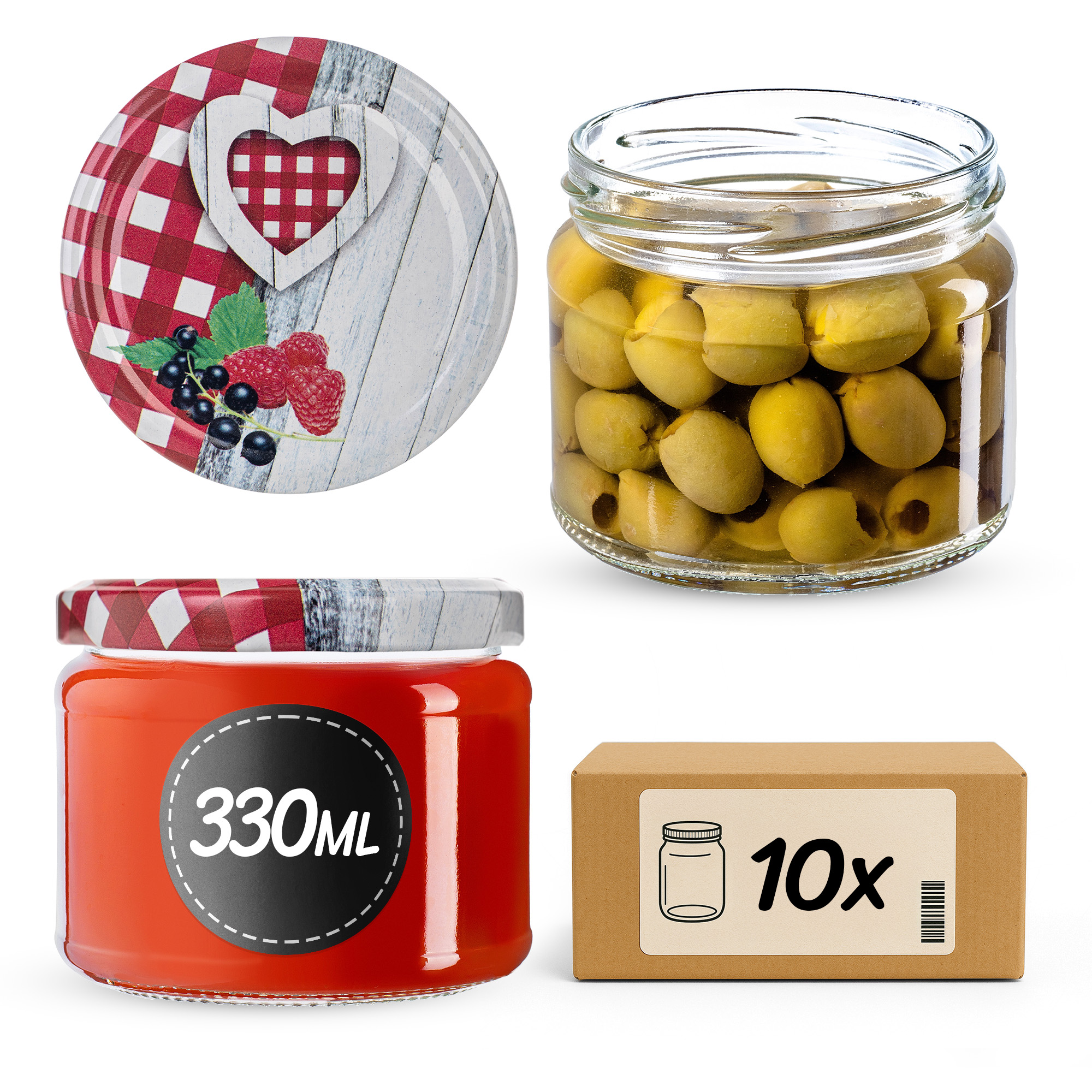 Słoiki na przetwory Sonka 330ml fi82mm 10szt + wieczko Krata z serduszkiem
