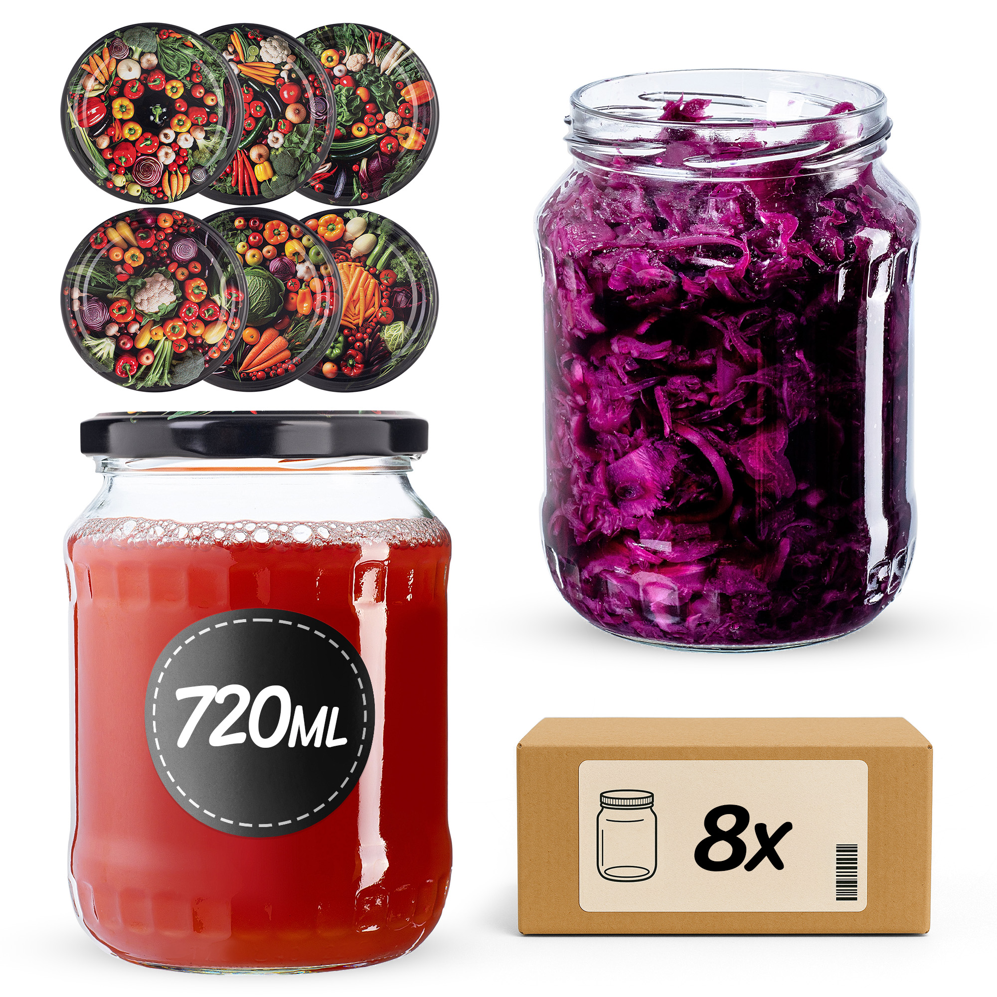 Słoiki na przetwory Jukka 720ml fi82mm 8szt + wieczko Warzywa mix