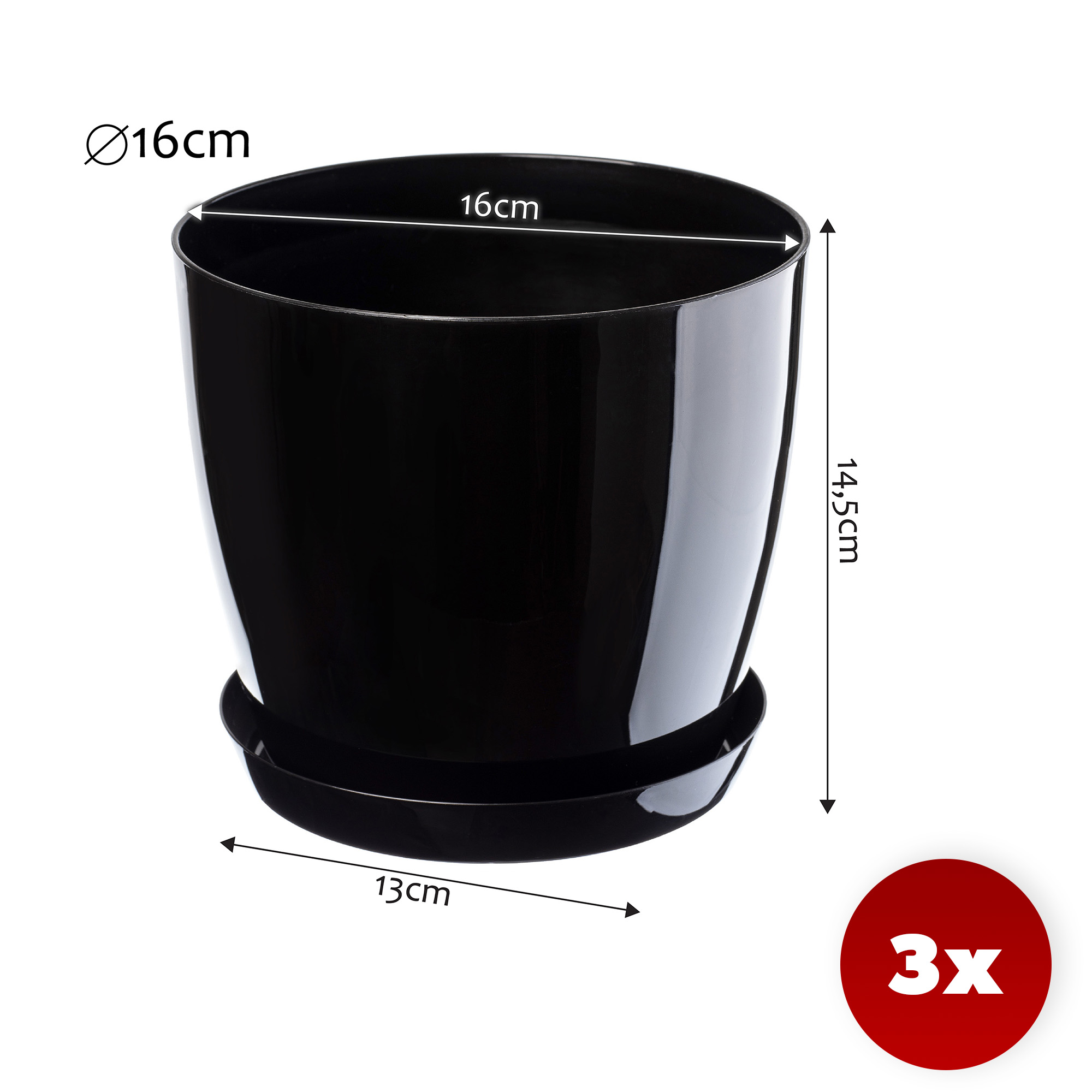 Doniczka Agen z podstawką czarna 18 cm, 3 szt.