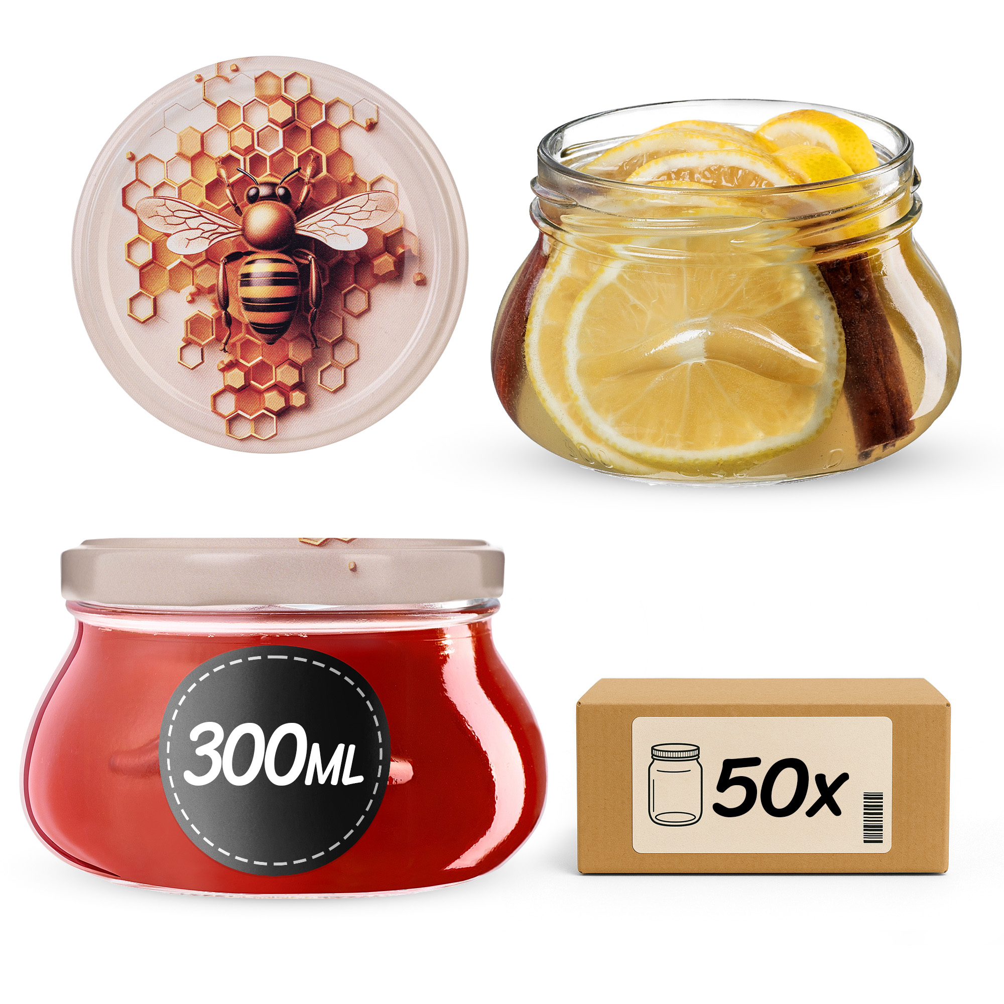 Słoiki na przetwory Raja 300ml fi82mm 50szt + wieczko Pszczoła
