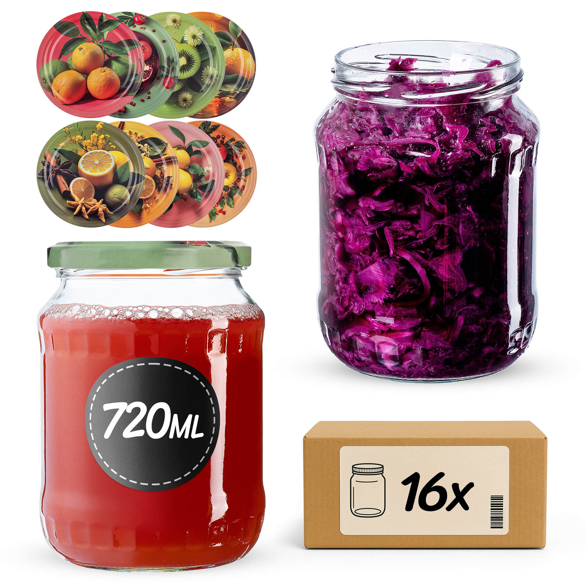 Słoiki na przetwory Jukka 720ml fi82mm 16szt + wieczko Egzotyczne owoce