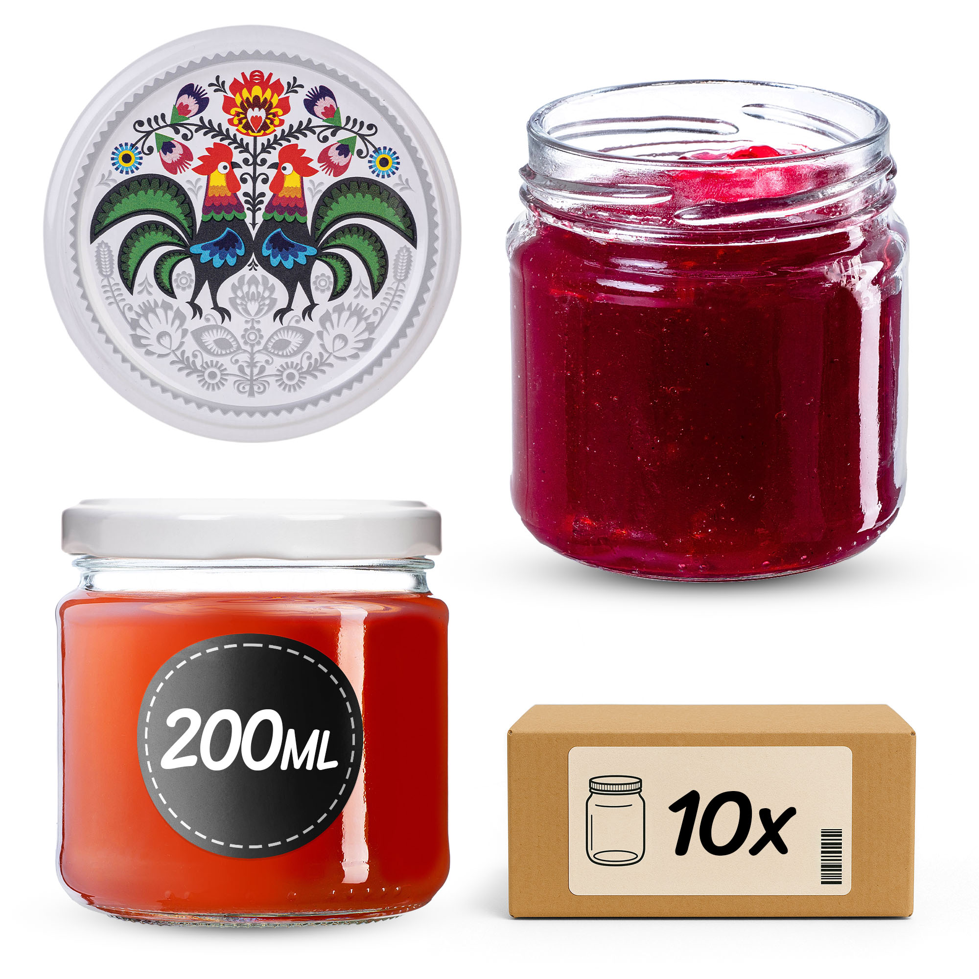 Słoiki na przetwory Lerma 200ml 10szt 66mm + wieczka "Folklor z kogutem"