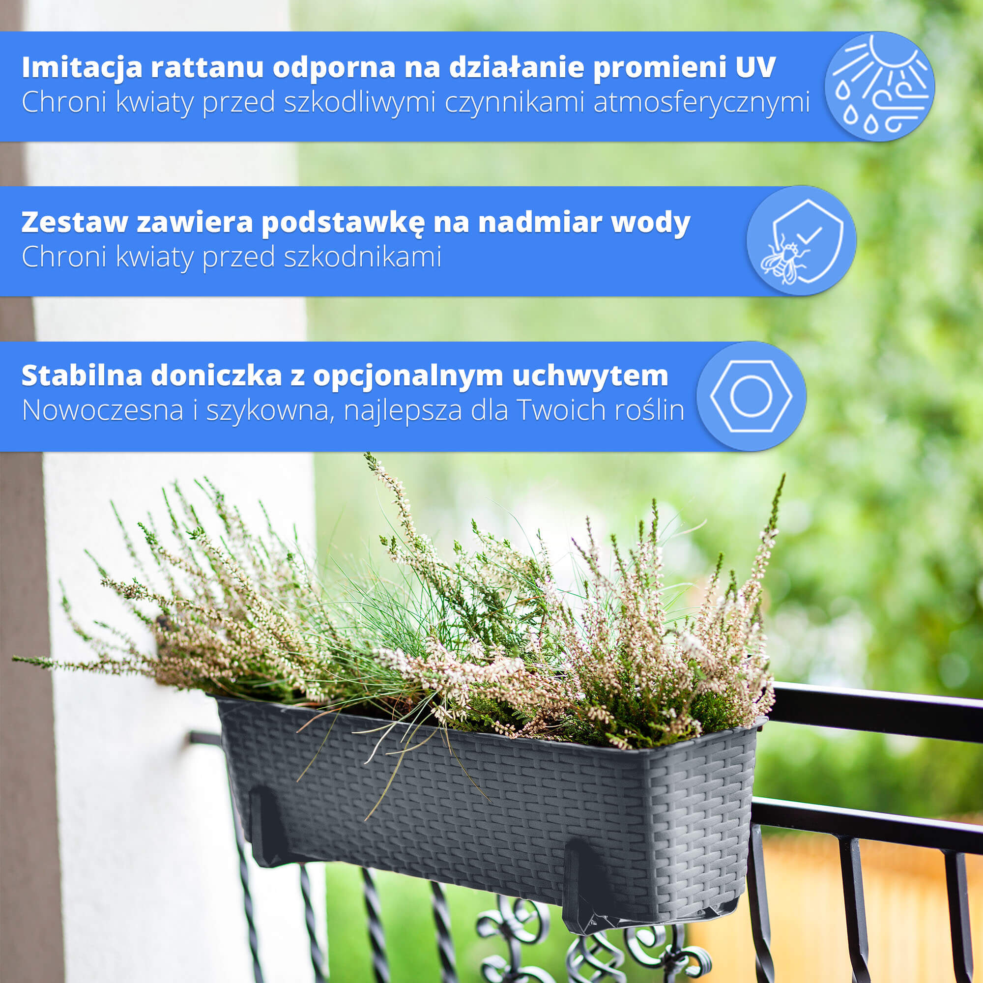 Skrzynka balkonowa rattan z podstawką i uchwytami Frette 40 cm, grafit