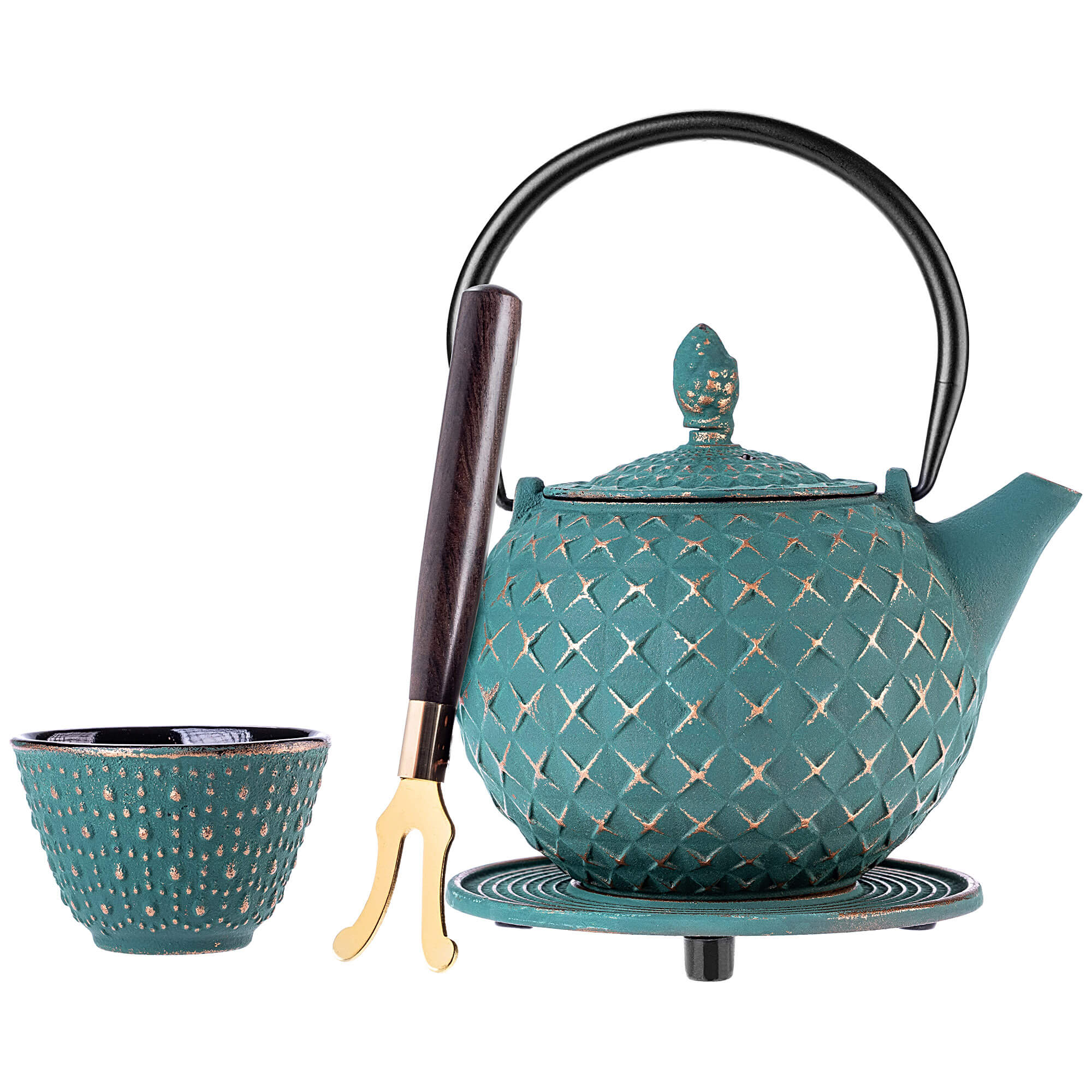 Czajnik żeliwny z czarkami i zaparzaczem Genua zielony