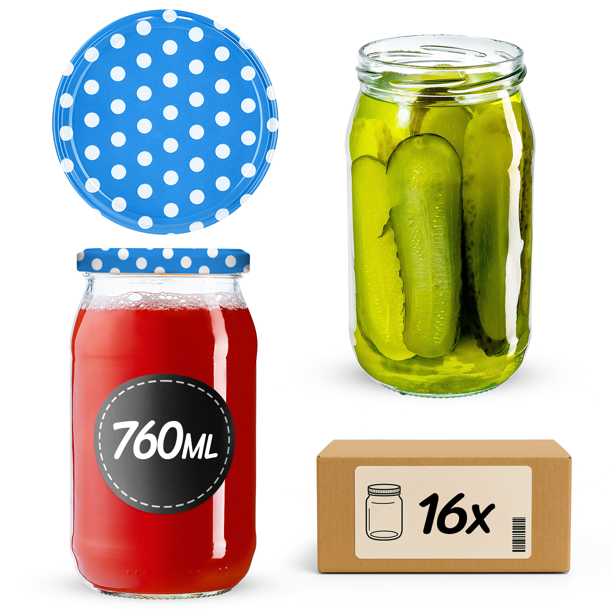 Słoiki na przetwory Niva 760ml fi82mm 16szt + wieczko Groszek niebieski