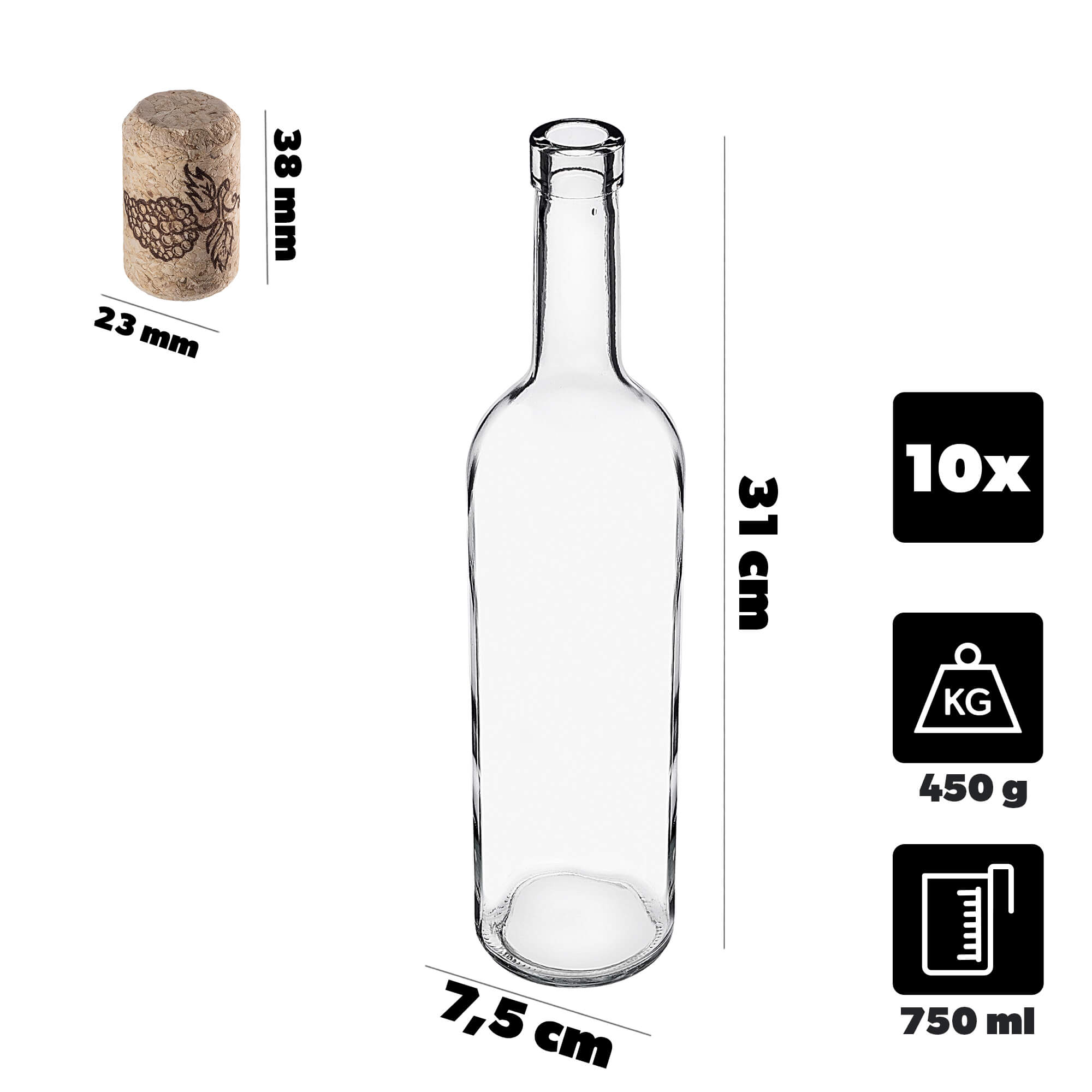 Butelka na wino Biagio 750ml biała z korkiem aglomerowanym 10 szt.