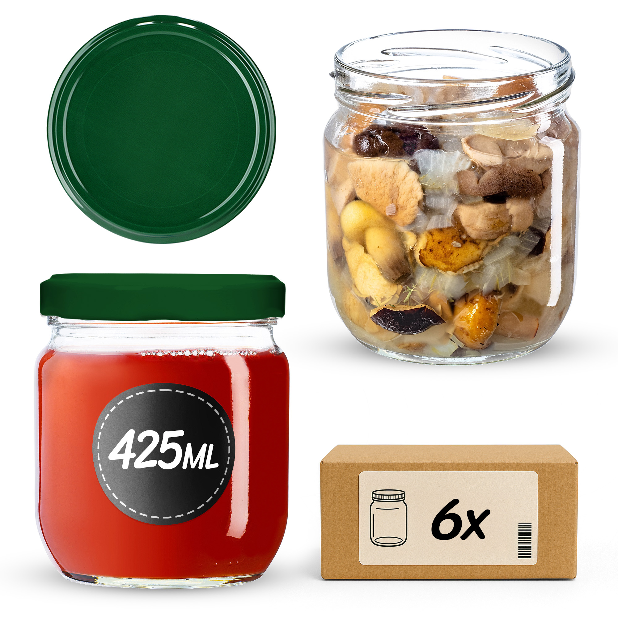 Słoiki na przetwory Salla 425ml 6szt 82mm + wieczka zielone