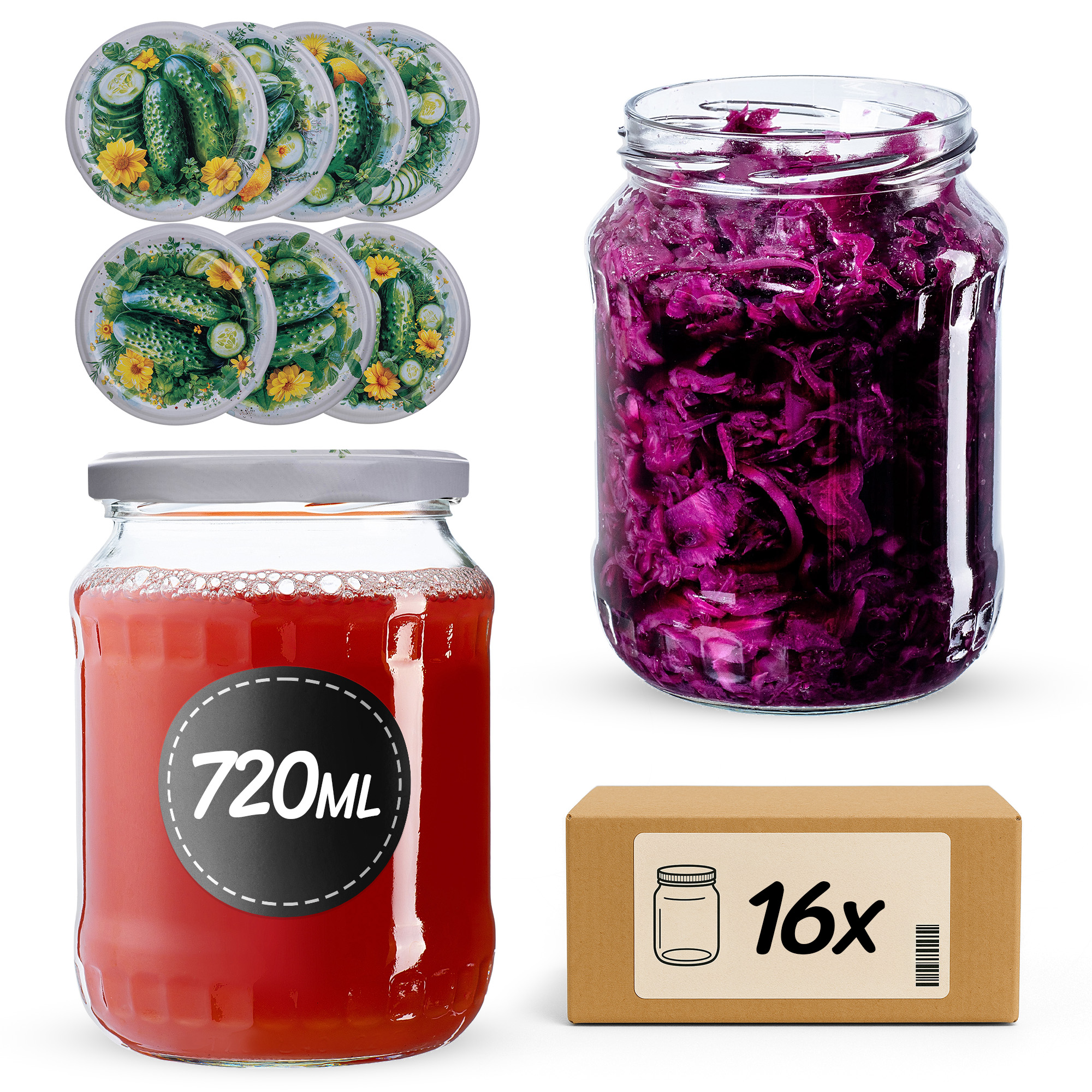 Słoiki na przetwory Jukka 720ml fi82mm 16szt + wieczko Kompozycja ogórkowa