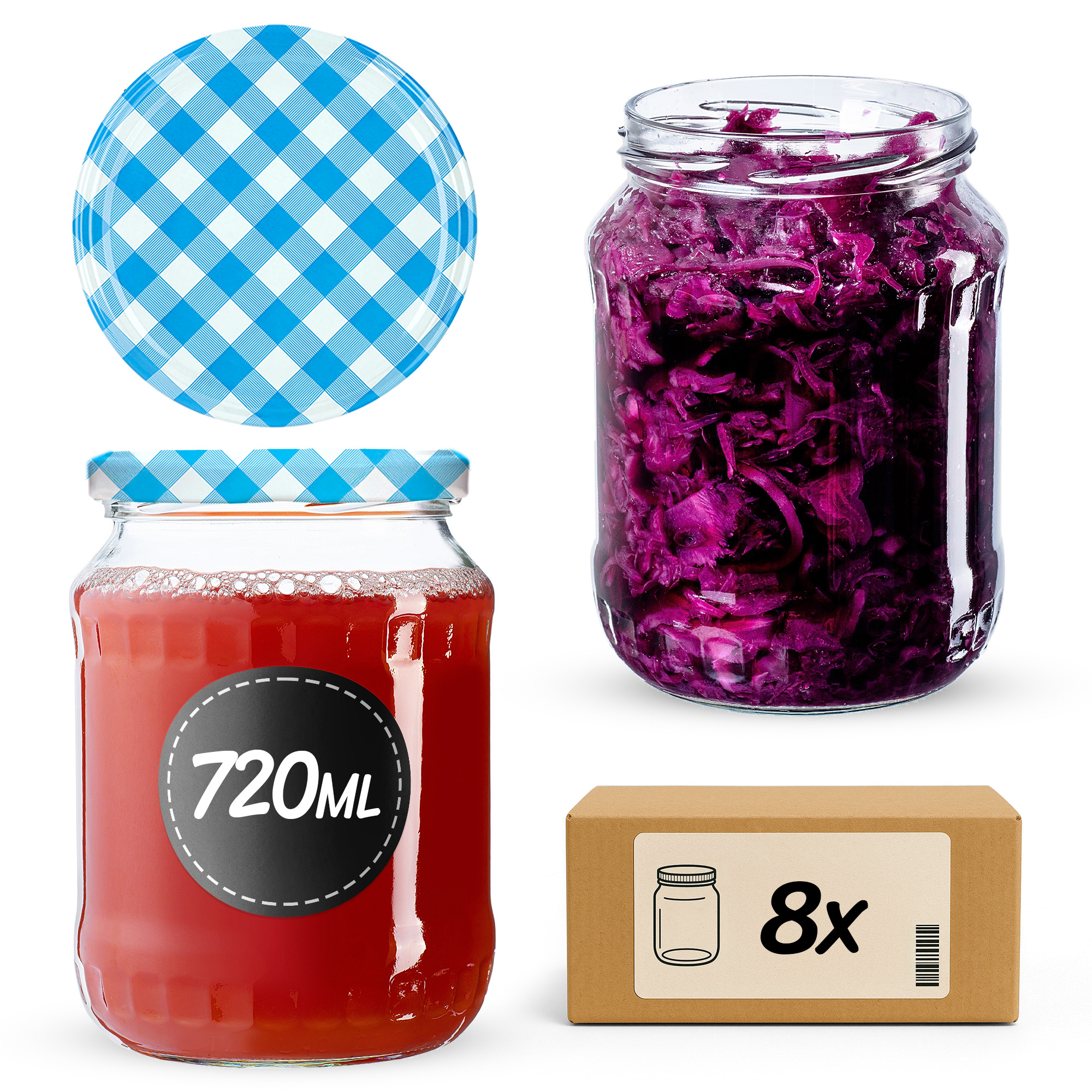 Słoiki na przetwory Jukka 720ml 8szt 82mm + wieczka "Niebieska krata"