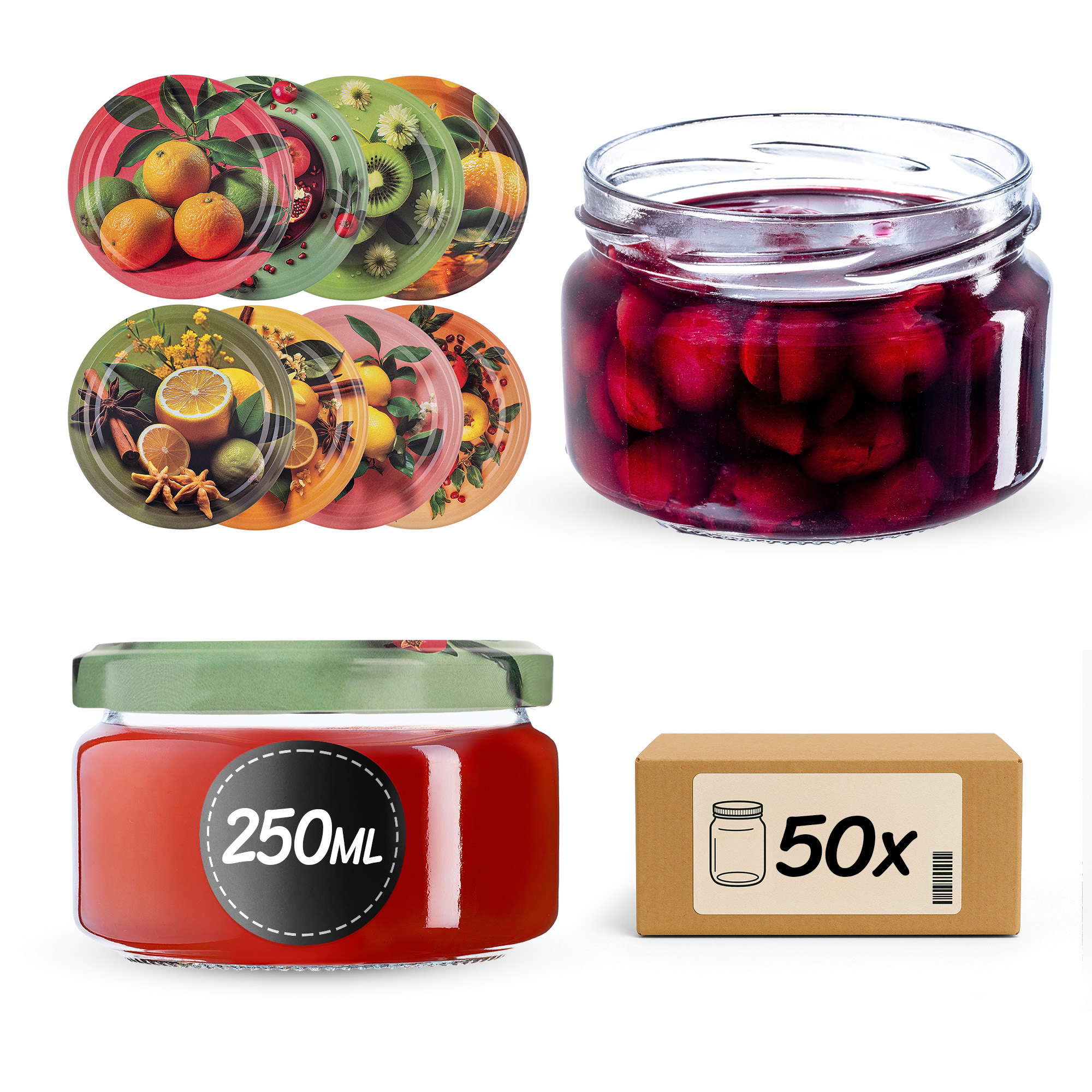 Słoiki na przetwory Denia 250ml 50szt 82mm + wieczko "Owoce egzotyczne"