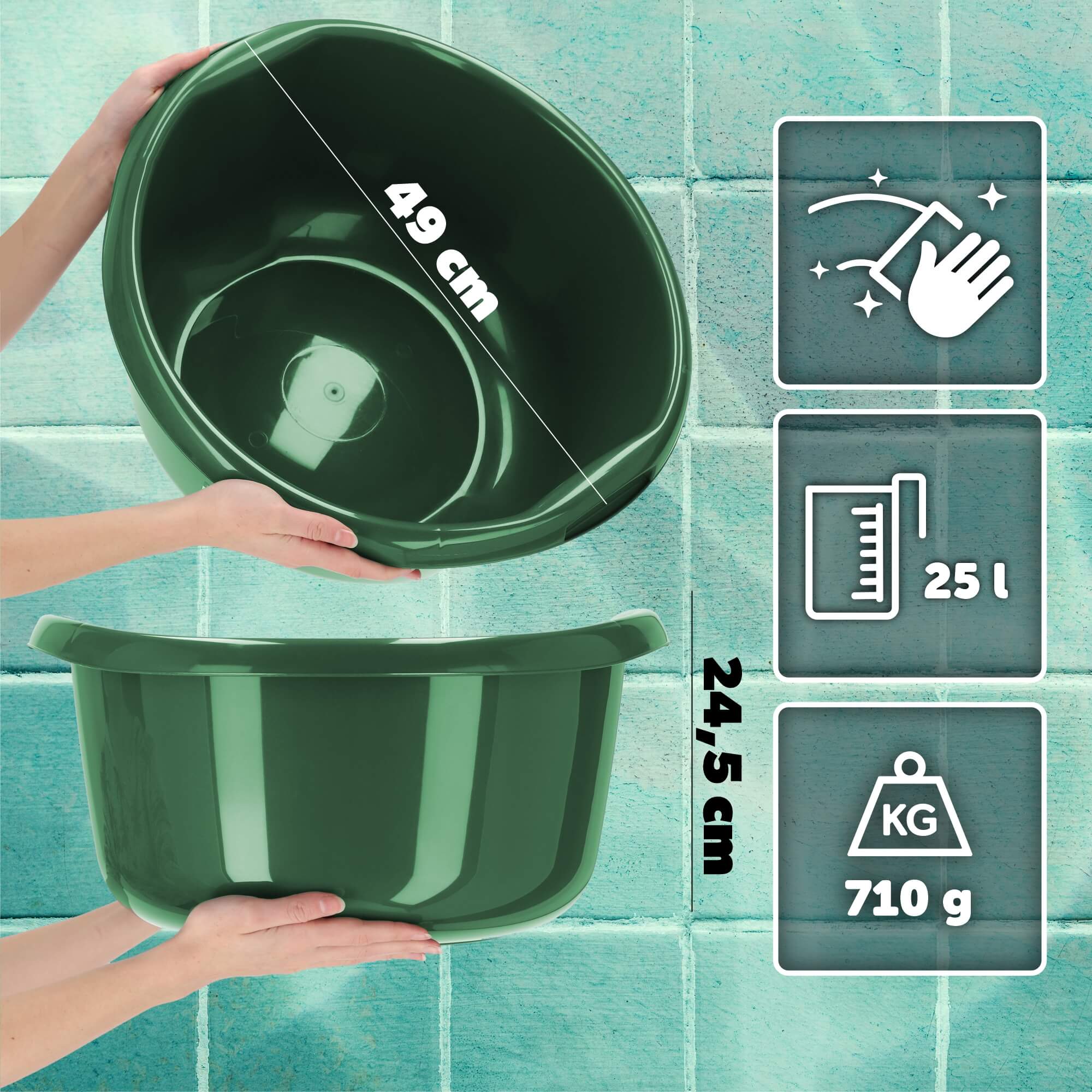 Miednica plastikowa z uchwytami 25L, zielona