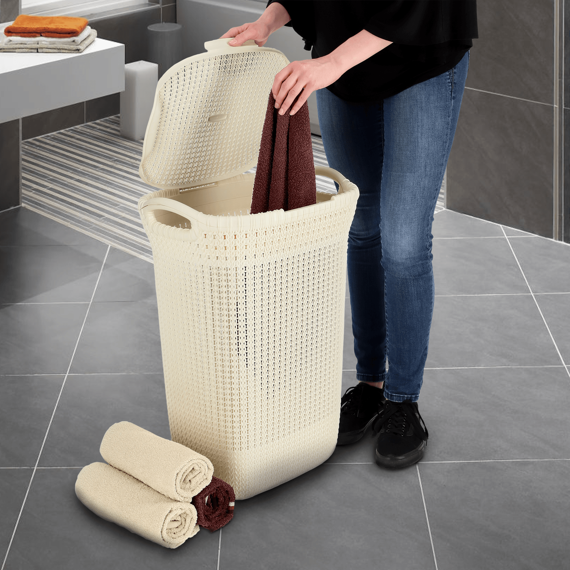 Kosz z pokrywą Curver Knit 57L kremowy