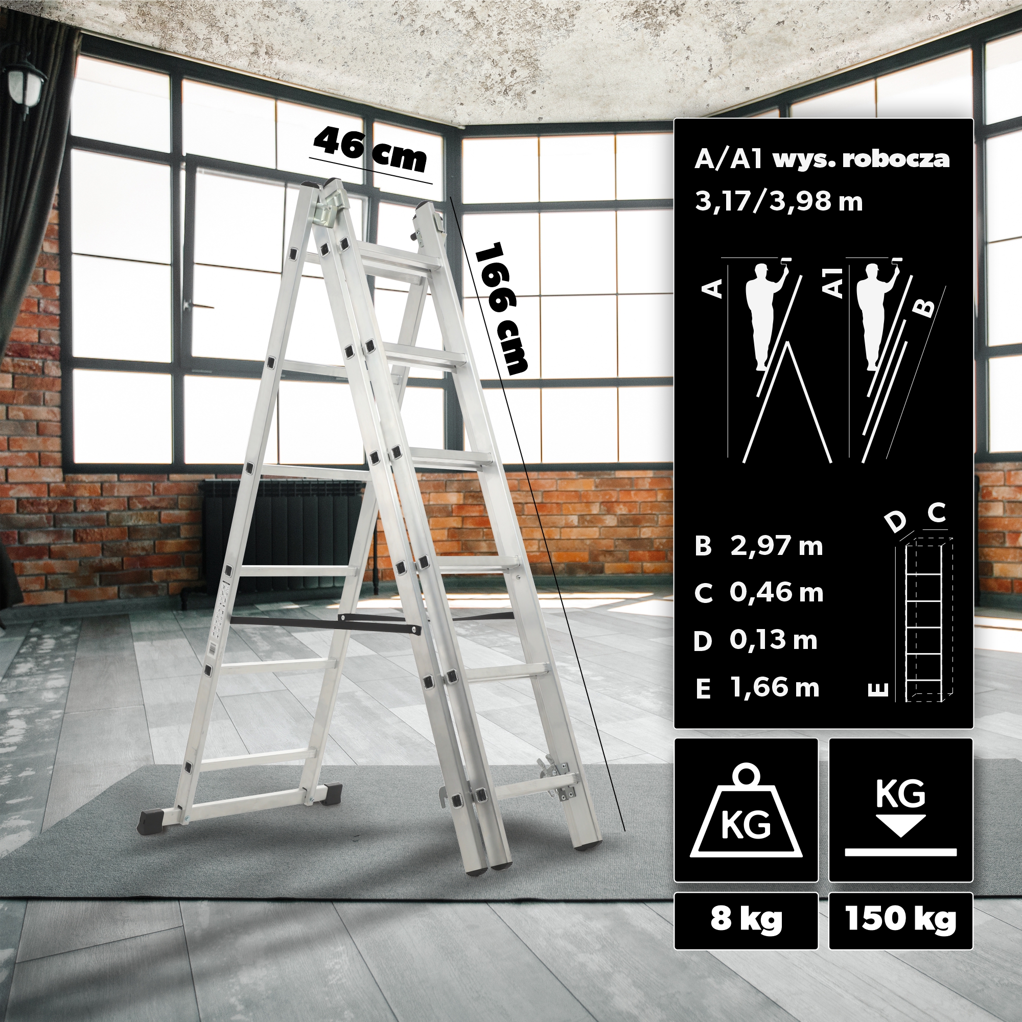 Drabina aluminiowa Holem, rozsuwana, 6-12 stopni, 150 kg