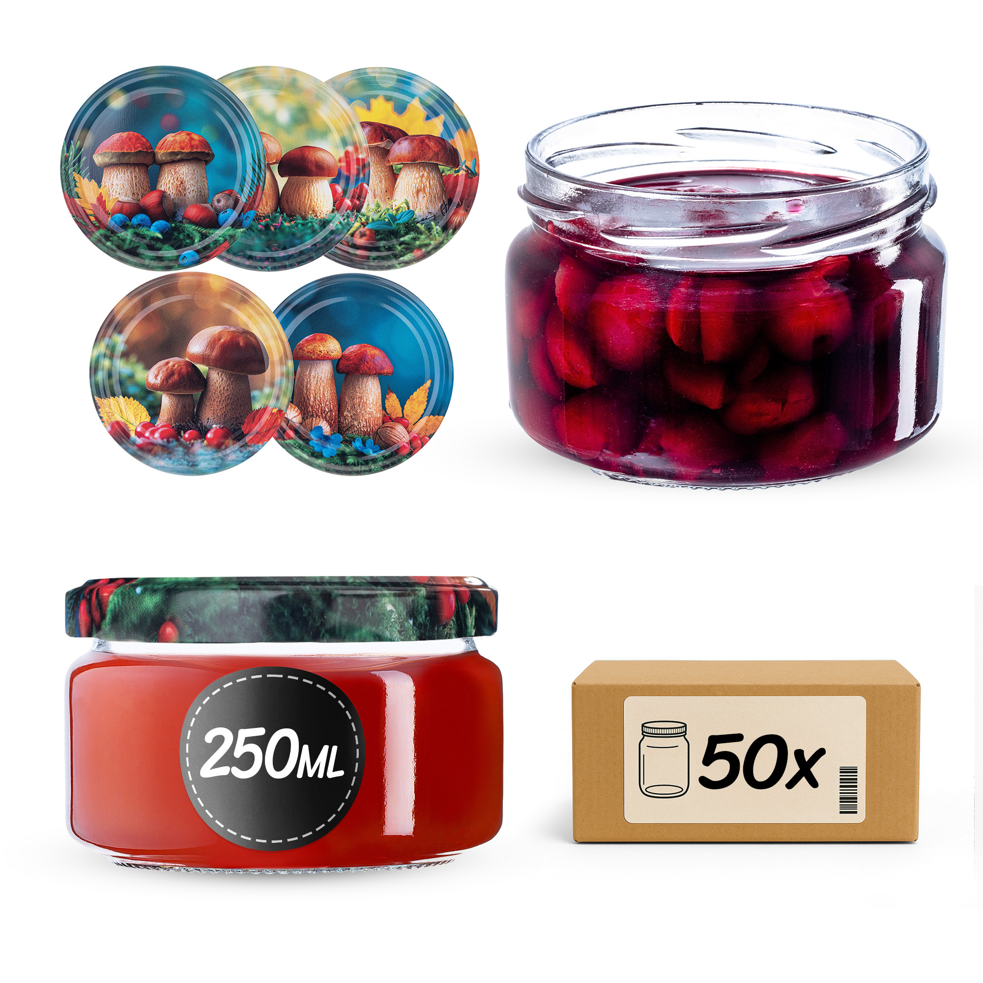 Słoiki na przetwory Denia 250ml 50szt 82mm + wieczko "Polskie grzyby"