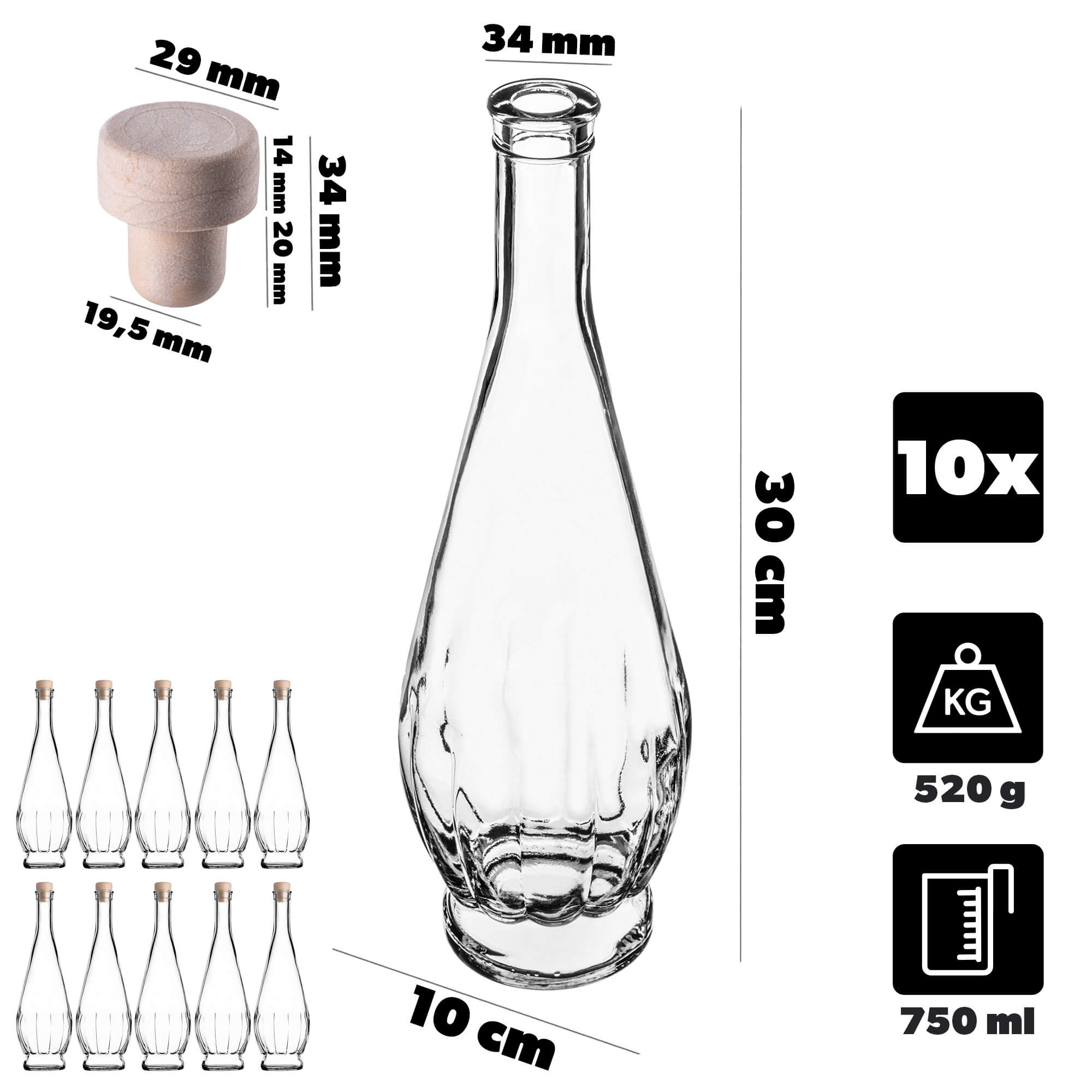 Szklana butelka na nalewkę Cona 750ml z korkiem syntetycznym 10 szt.