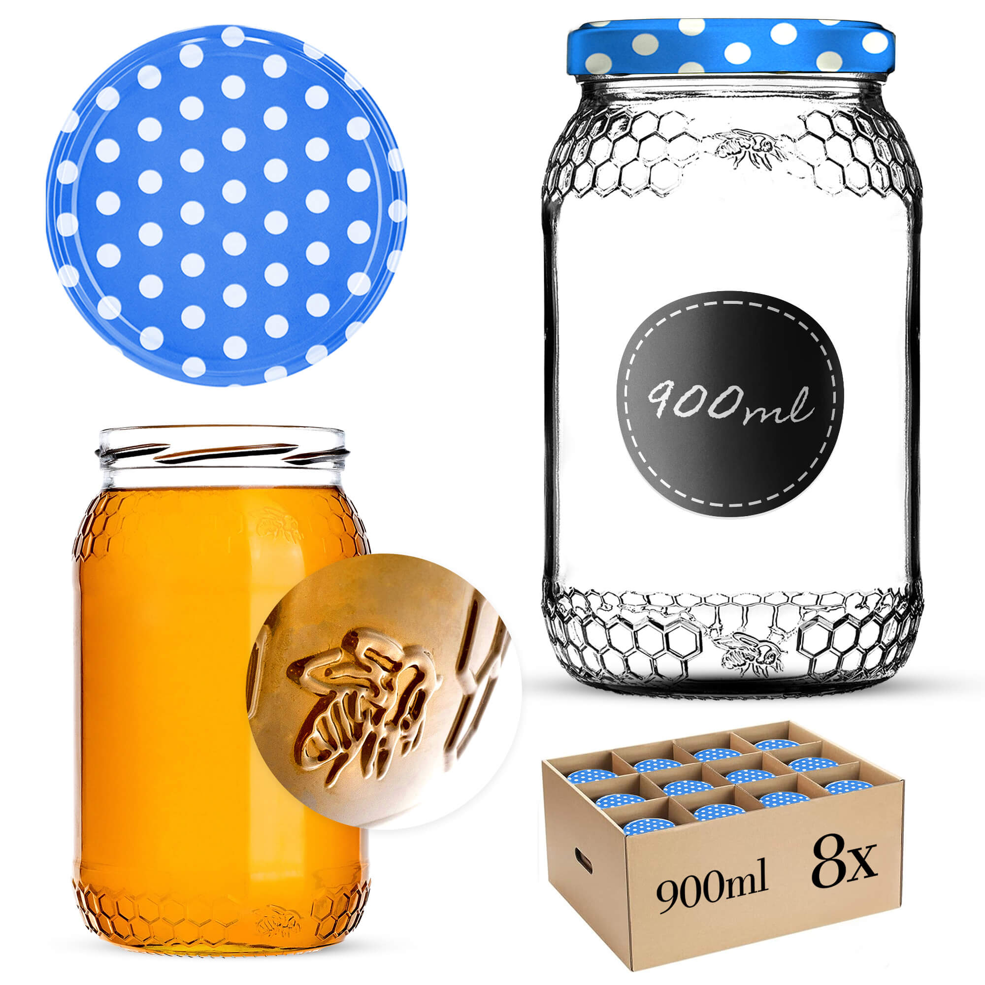 Szklany słój Lierde 900ml 82mm 8 szt. + wieczka "Niebieski groszek"