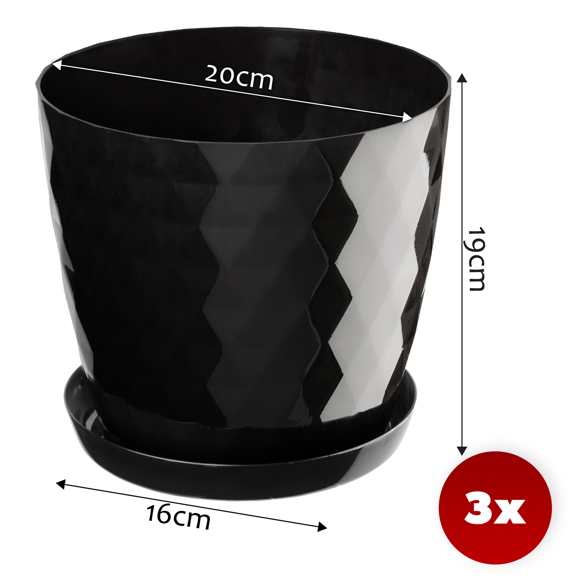 Doniczka na kwiaty z podstawką czarna Amily 20 cm, 3 szt.